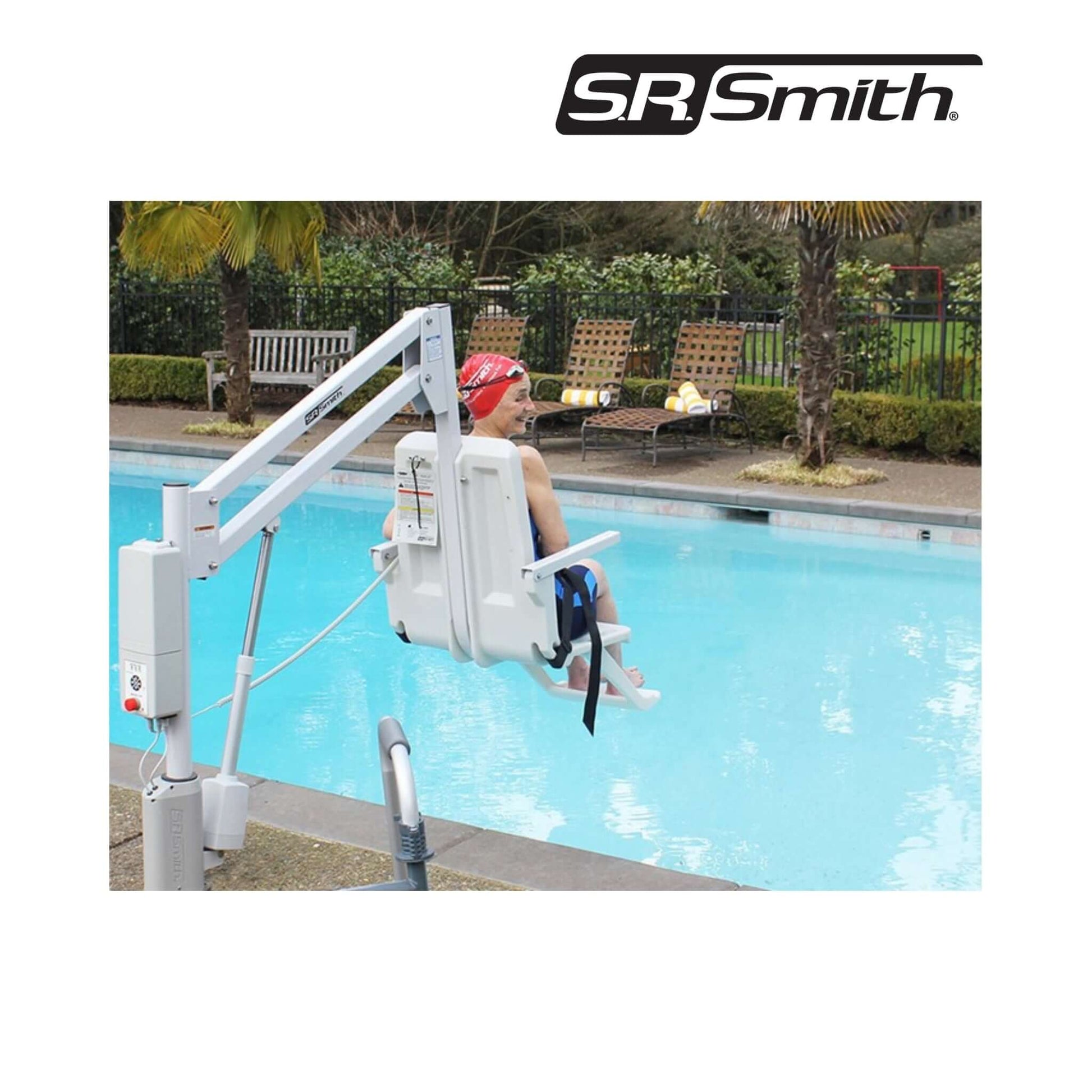S.R. Smith aXs2 Pool Lift 310-0000N at a pool, offering 300 lb capacity, ADA-compliant, from Wholesale Pool Mart WPM.