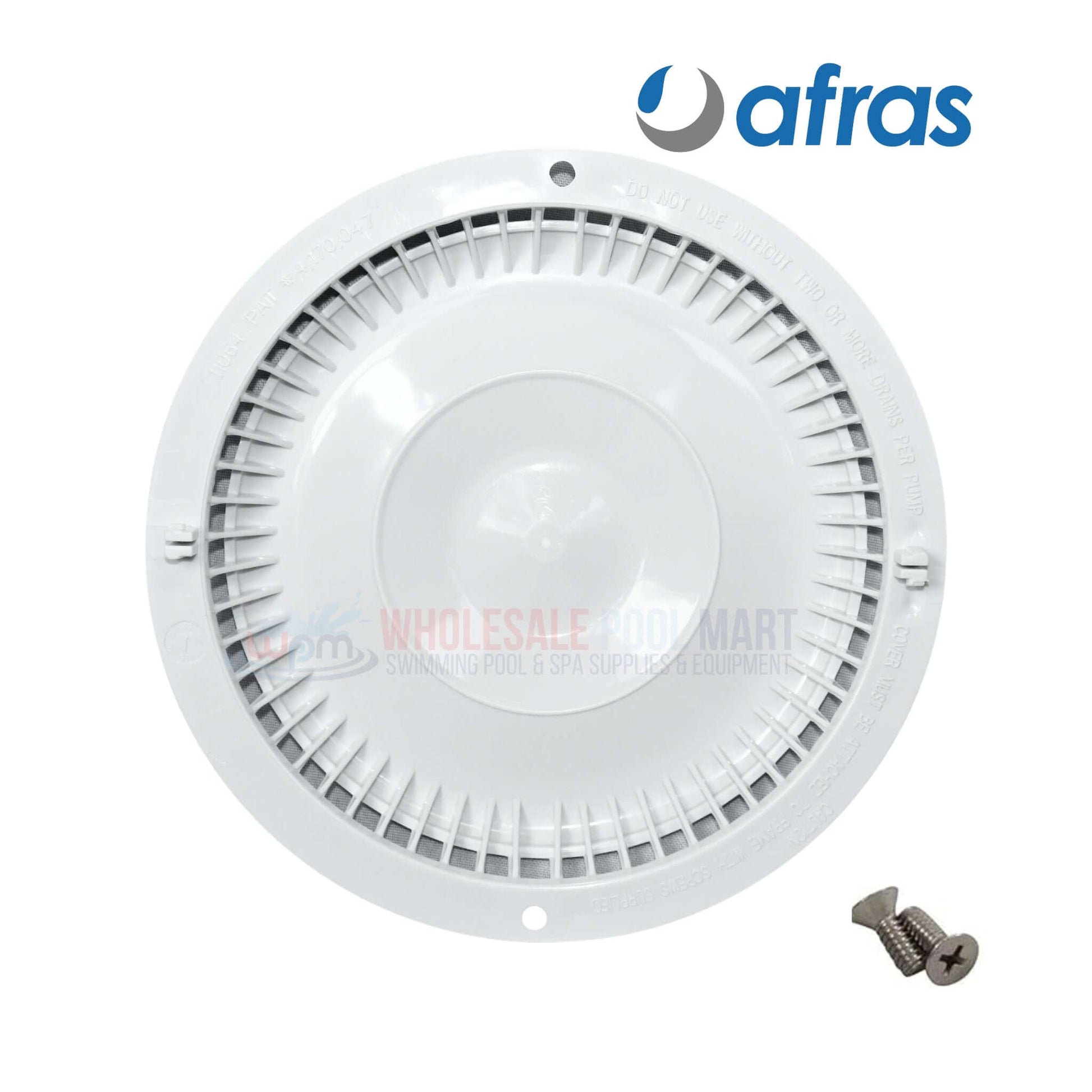Afras Anti Vortex Drain Cover in white, 7 3/8 inches, includes two screws for installation, from Wholesale Pool Mart WPM.
