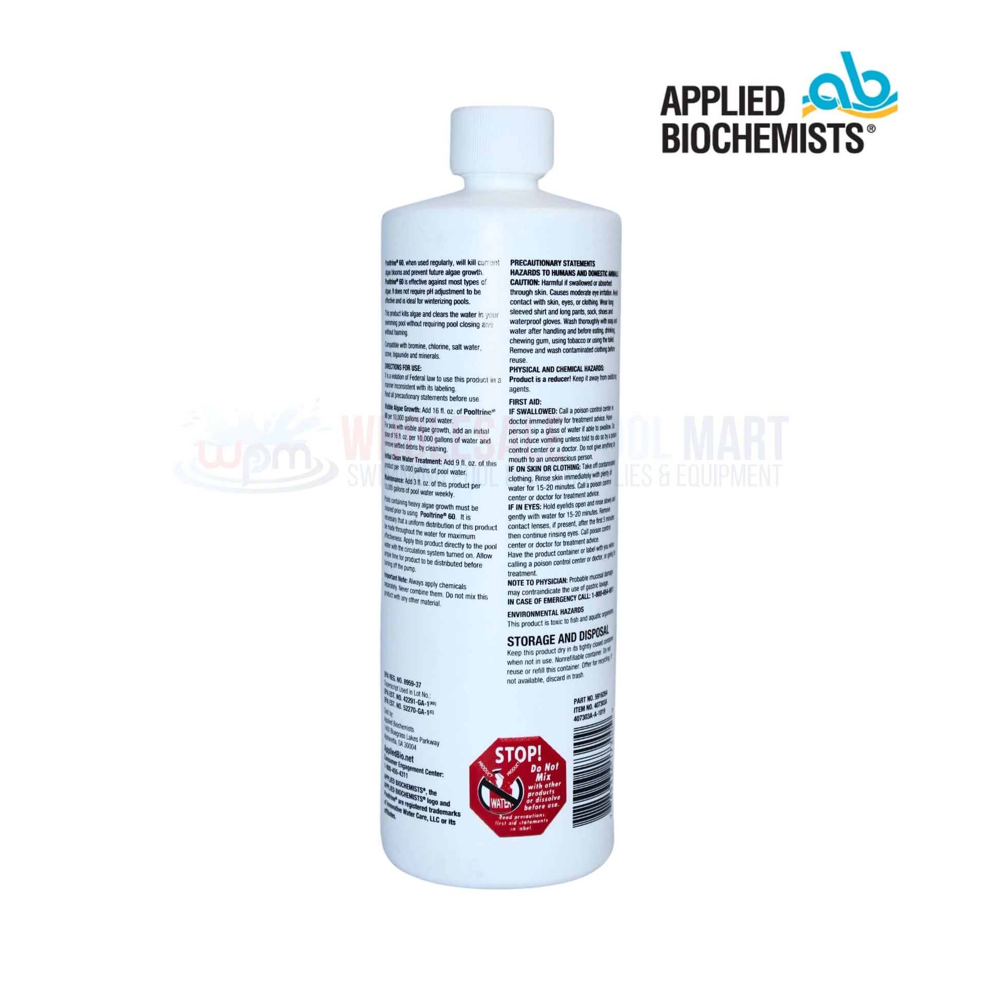 Applied Biochemists Pooltrine 60 Algaecide Clarifier 407303 bottle from Wholesale Pool Mart WPM, effective algae control.