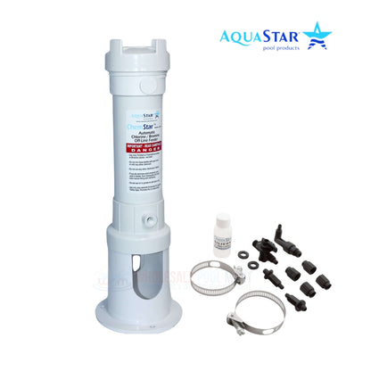 AquaStar ChemStar Off-Line Chlorinator CH200 from Wholesale Pool Mart WPM, featuring installation kit, chlorine dispenser.