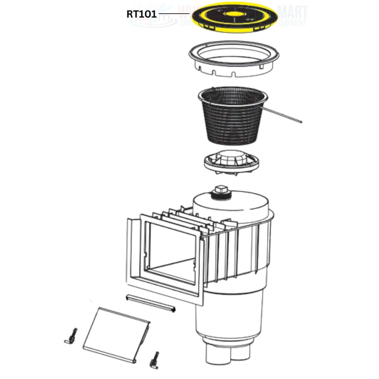 AquaStar RT101 round skimmer lid parts illustration, compatible with Wholesale Pool Mart WPM skimmer systems.