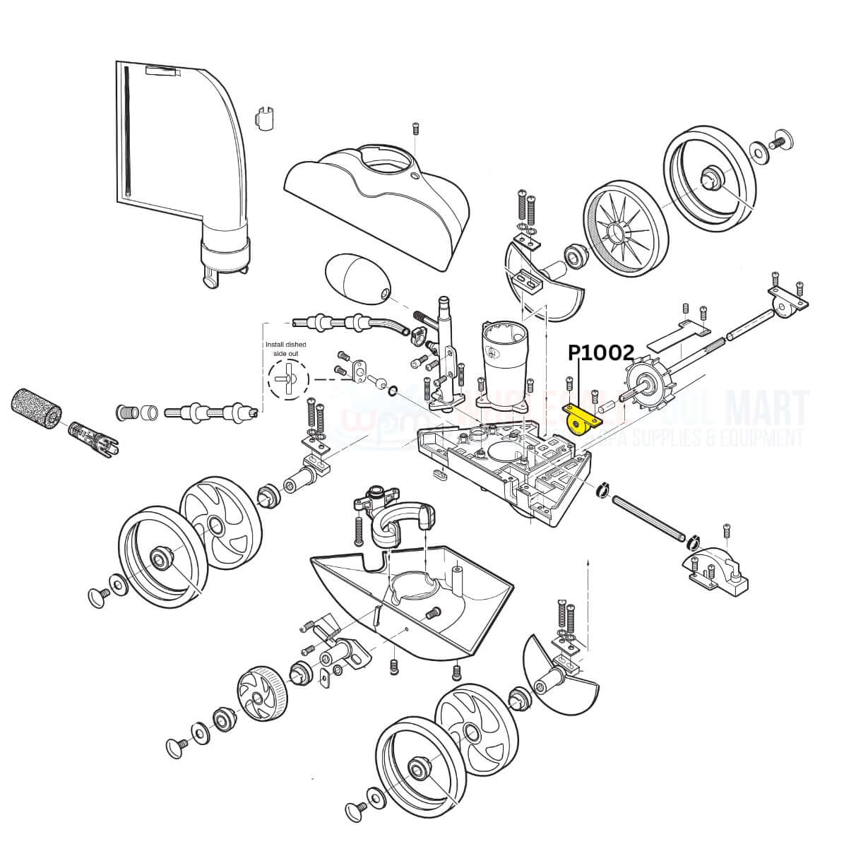 Exploded diagram of Aquastar Turbine Ball Bearing P1002 for Polaris Vac-Sweep 180 and 280 by Wholesale Pool Mart WPM.