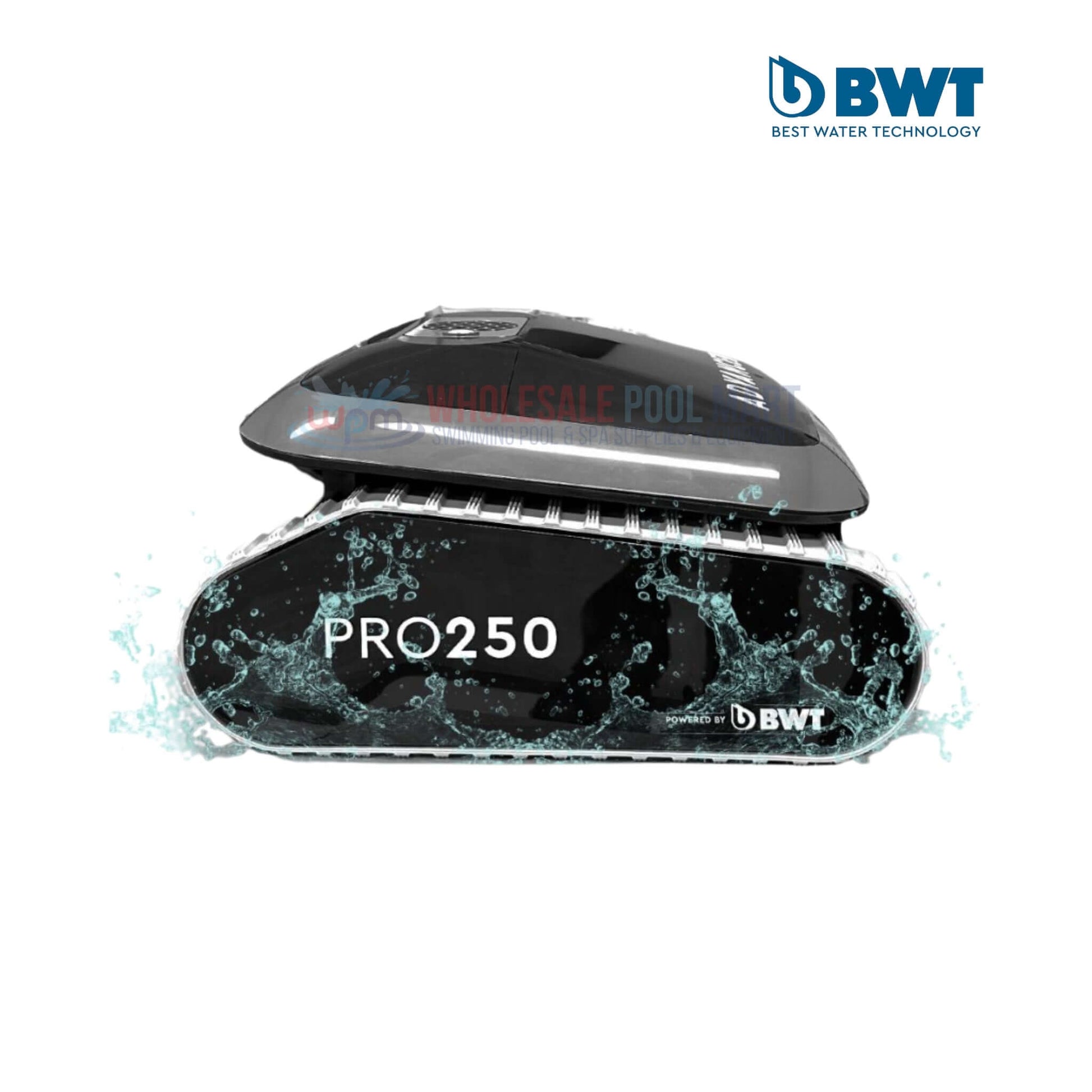 BWT Advanced Pro 250 Robotic Pool Cleaner with water splash, ideal for large pools. Available at Wholesale Pool Mart WPM.