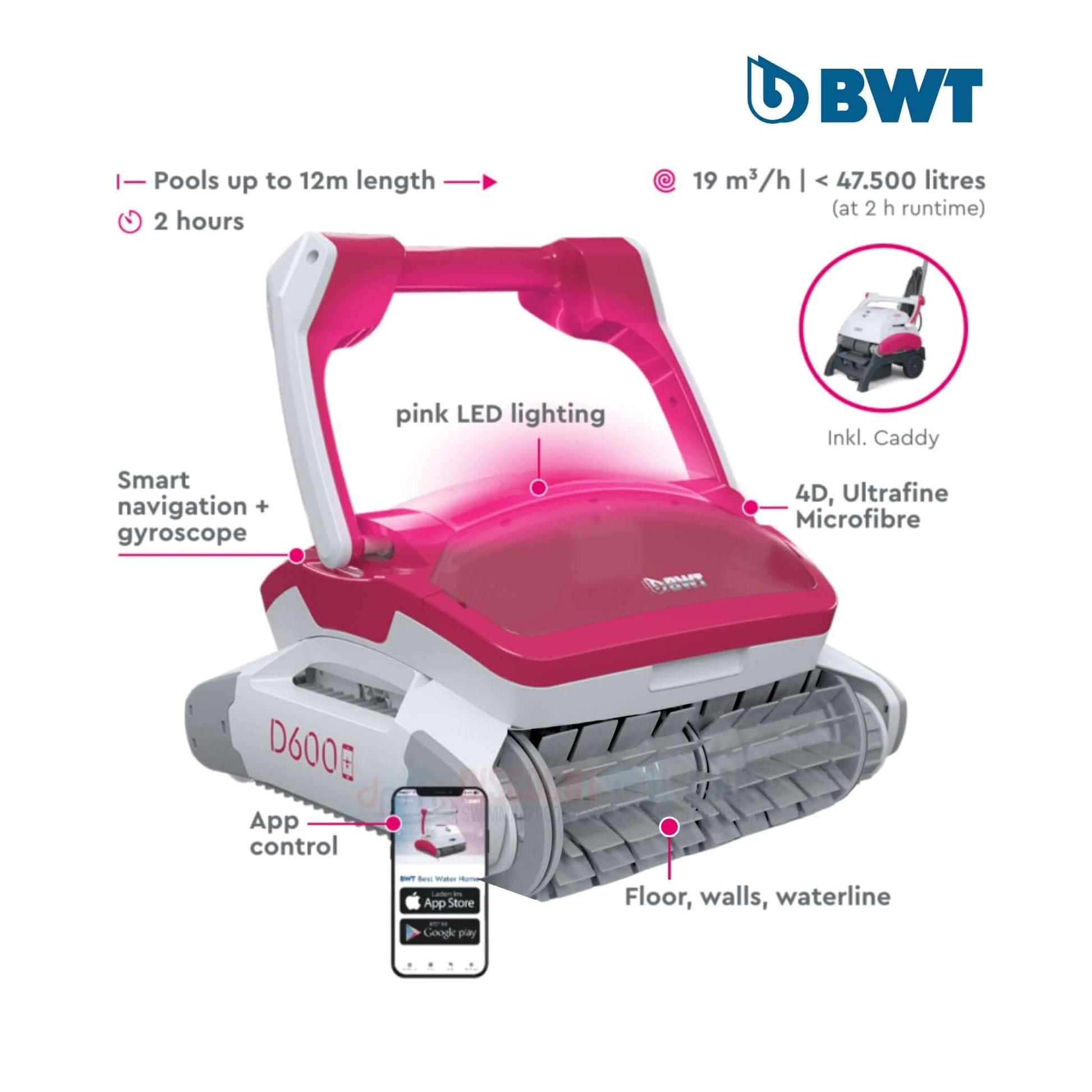BWT D600 Pool Robotic Cleaner with app control, 60 ft cord, pink LED lights, at Wholesale Pool Mart WPM.