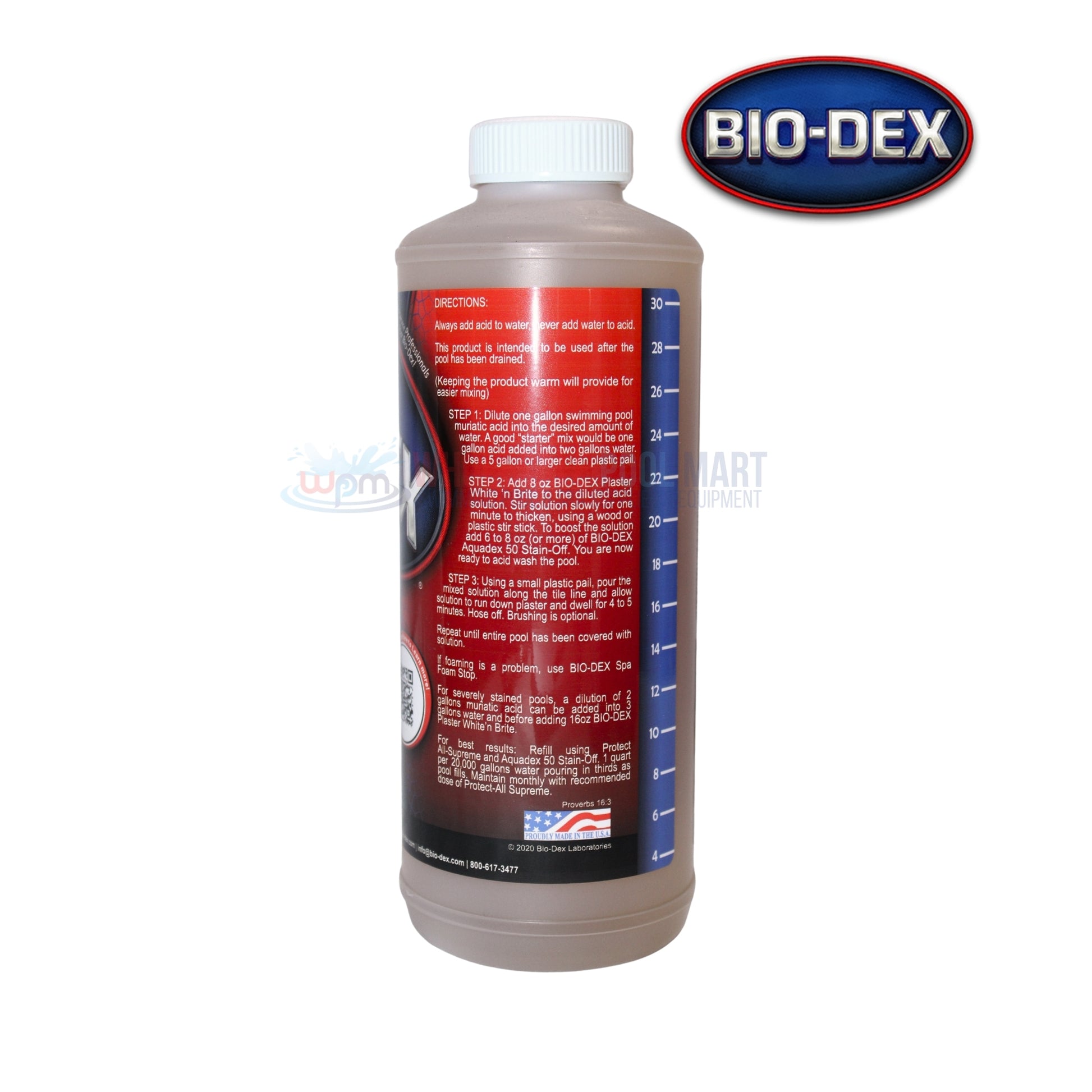 Bio-Dex Plaster White 'N Brite Acid Wash 32oz PWB32 from Wholesale Pool Mart WPM, effective for cleaning plaster pools.