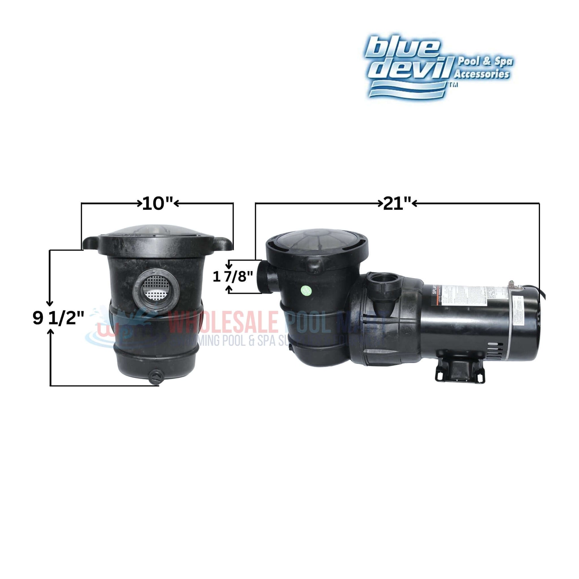 Blue Devil Above Ground Pump B8375 with dimensions for installation from Wholesale Pool Mart WPM.