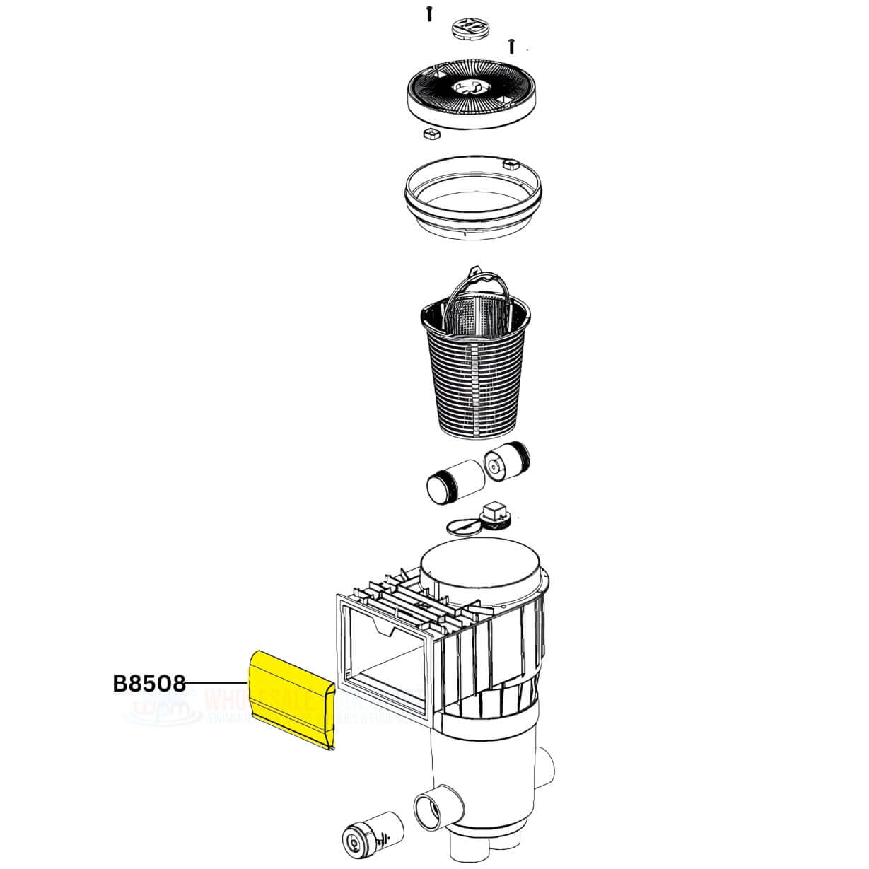 Exploded view of Blue Devil B8508 Skimmer Weir Gate, wholesale pool accessory by Wholesale Pool Mart WPM, enhances pool cleanliness.