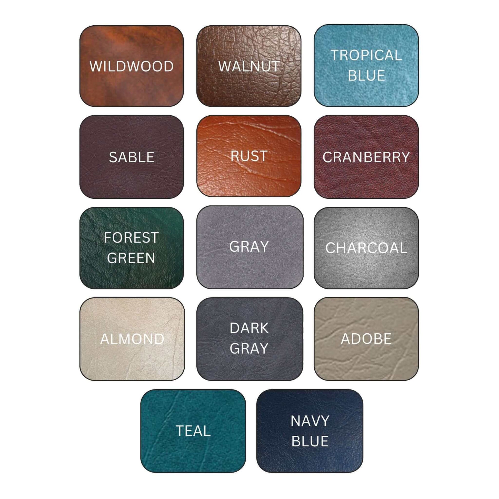 Color swatches for custom spa and hot tub covers from Wholesale Pool Mart WPM: Wildwood, Walnut, Tropical Blue, and more.