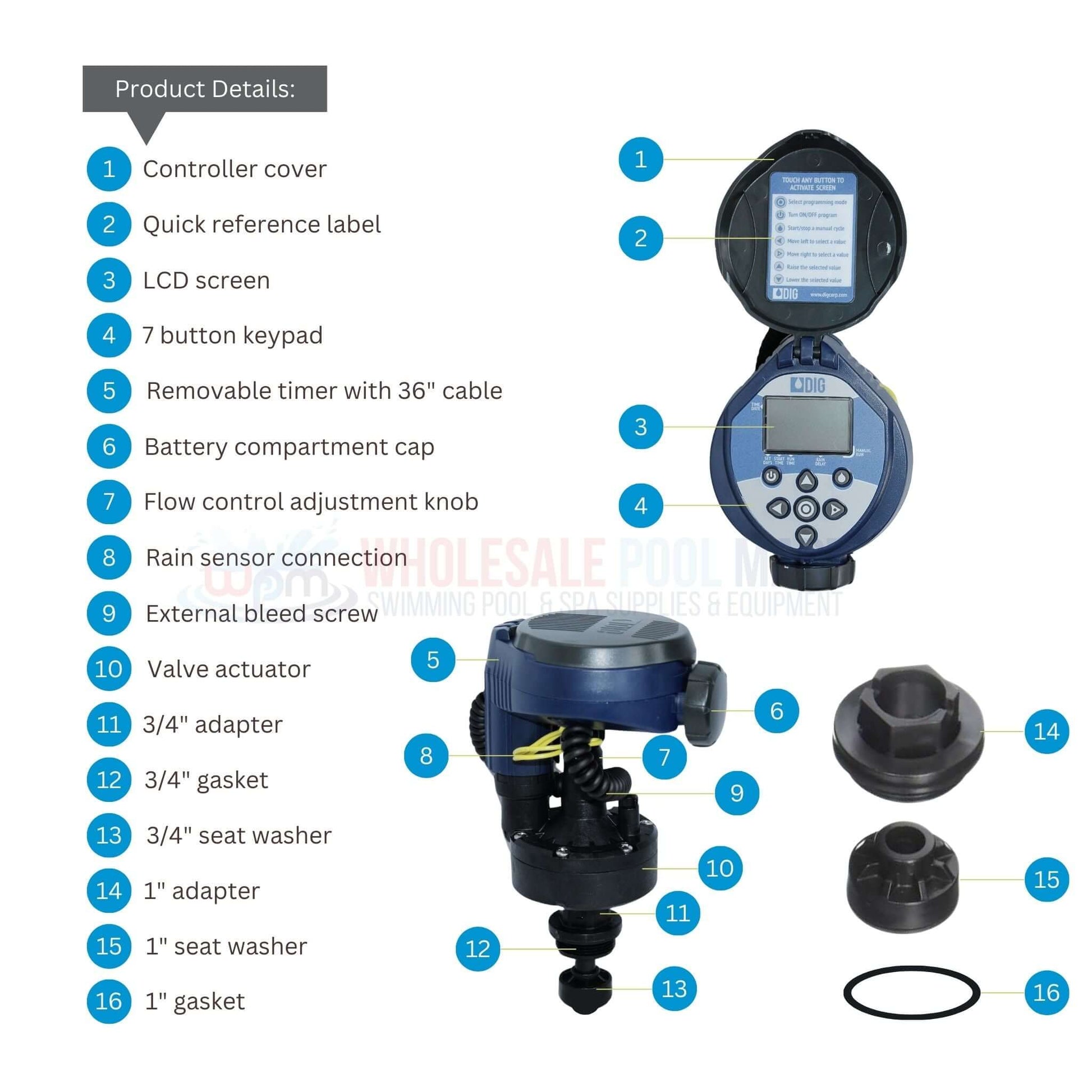 DIG Battery Powered Digital Irrigation Timer with LCD, Wholesale Pool Mart WPM - 3/4" Actuator RBCMVA parts and features.