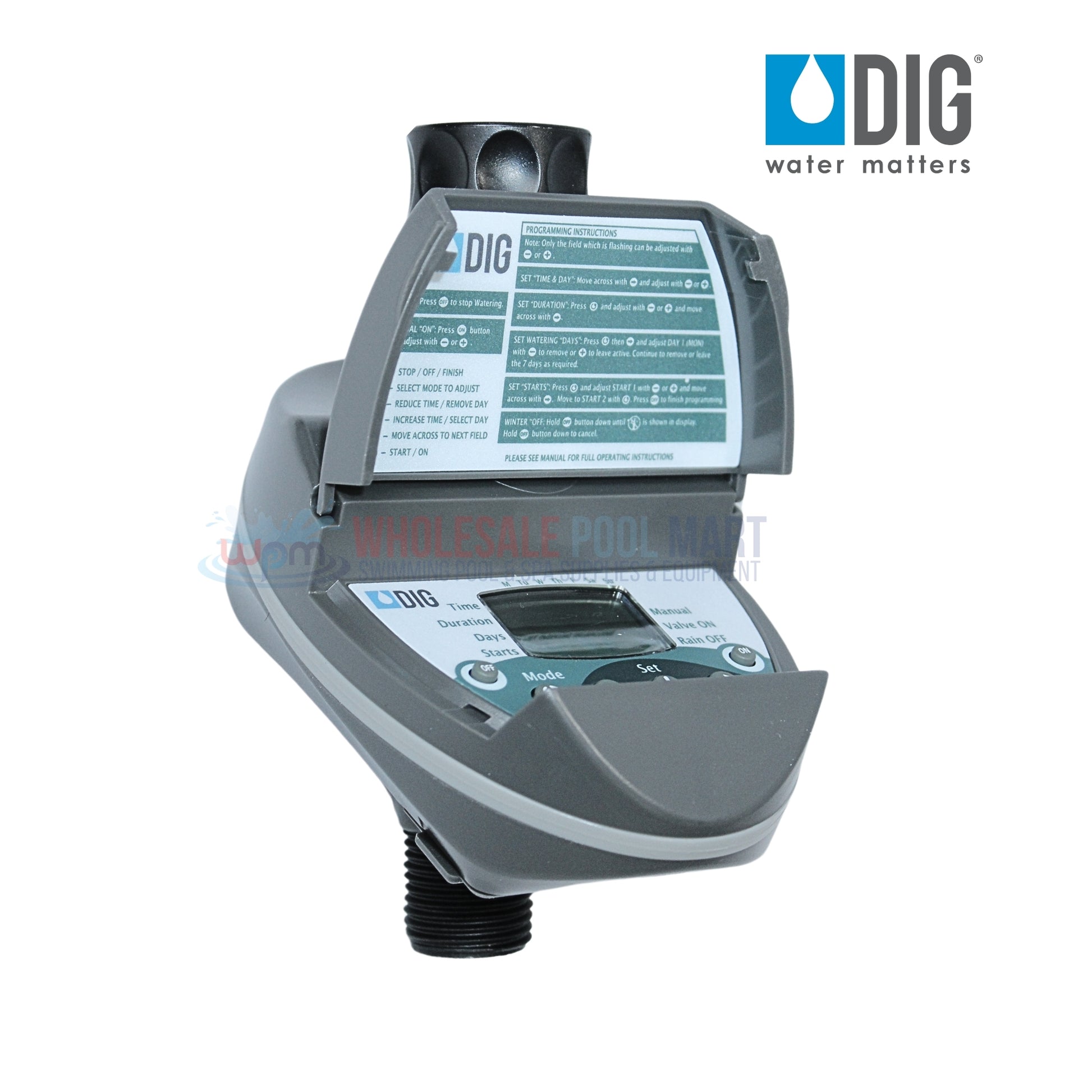 DIG Digital Hose End Timer B09D 3/4 inch from Wholesale Pool Mart WPM for reliable irrigation and battery efficiency.