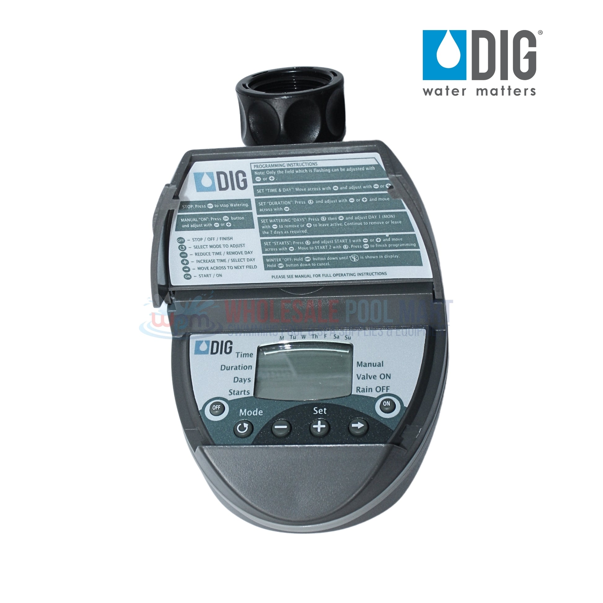 DIG Digital Hose End Timer B09D 3/4" with instructions, Wholesale Pool Mart WPM, reliable battery monitoring and programming features.