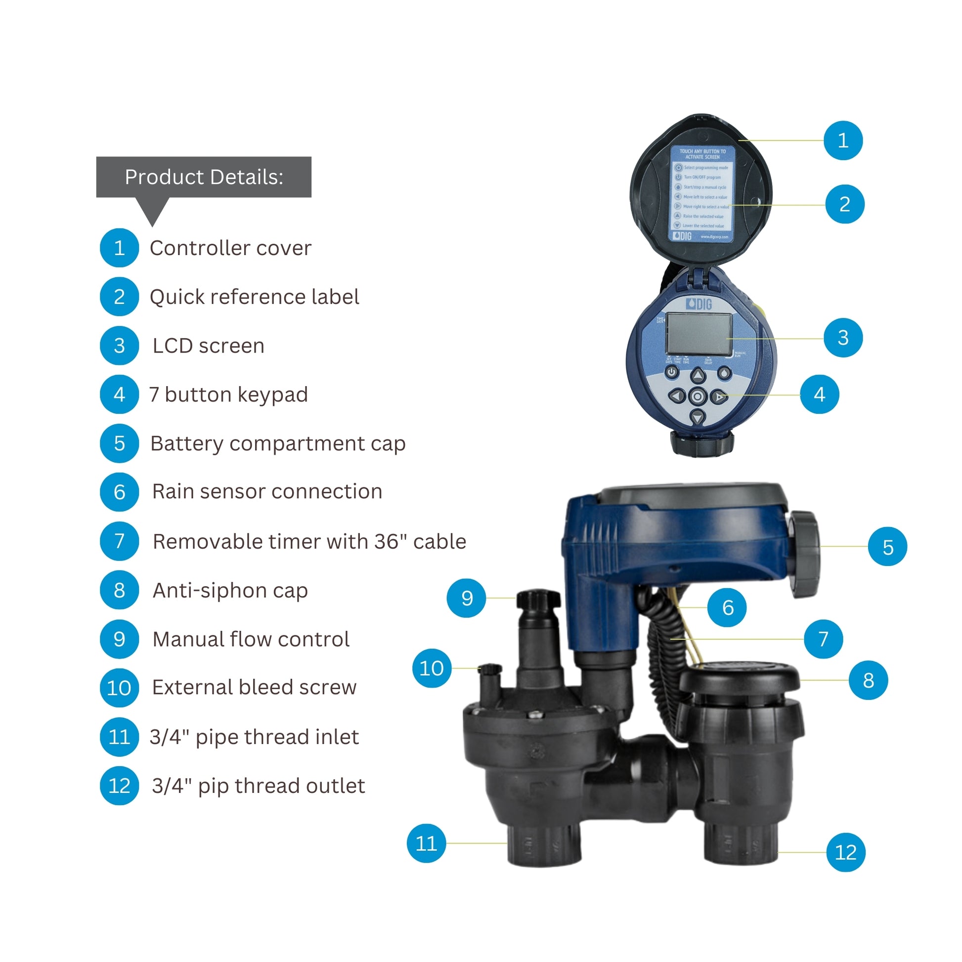 DIG RBC8000 Single Station Anti-Siphon Timer Valve features LCD screen, manual flow control, and removable timer from Wholesale Pool Mart WPM.