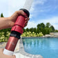 FireFighter1 fire hose in use, adjustable nozzle aimed at pool, from Wholesale Pool Mart WPM for fire protection.