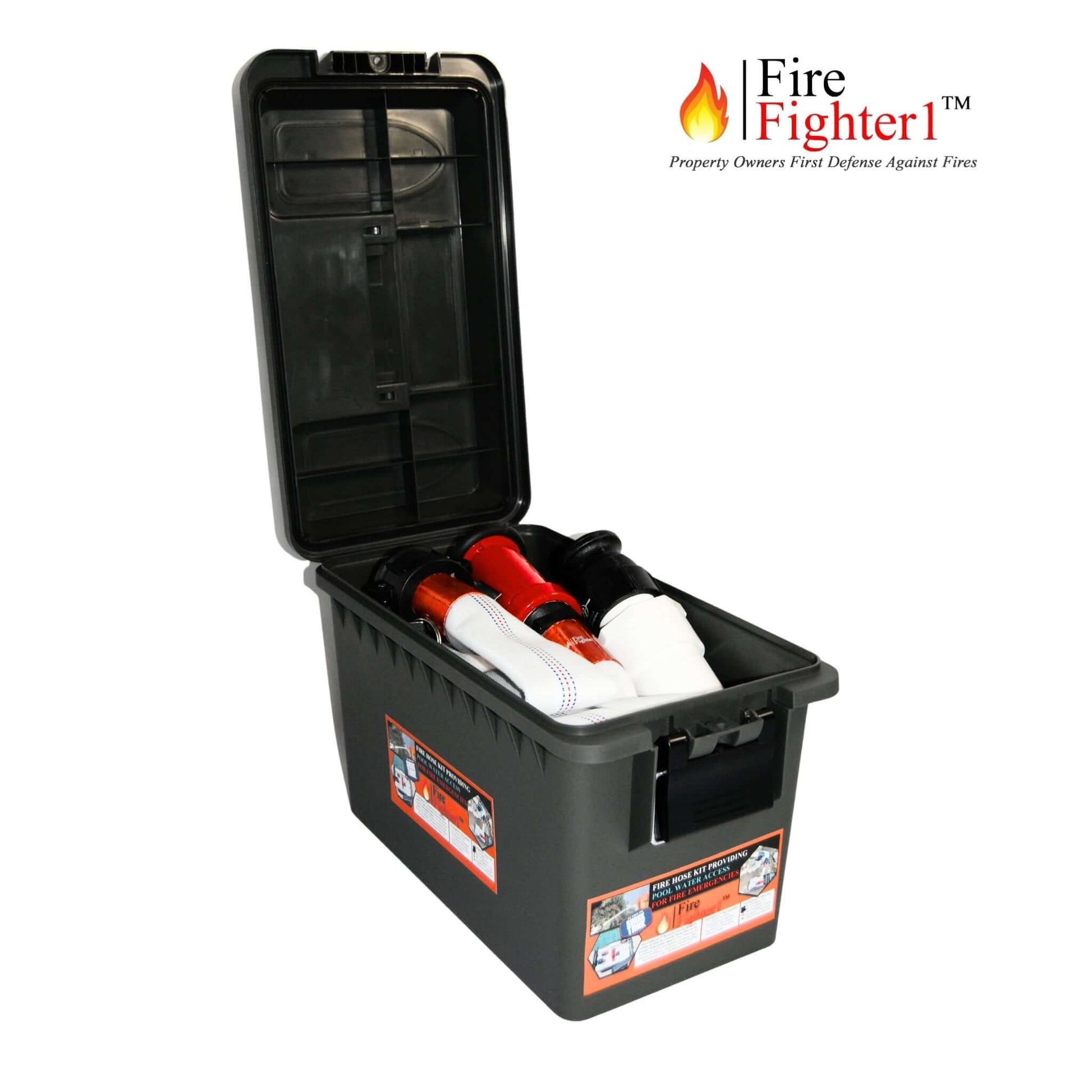 FireFighter1 fire hose kit in storage box, essential for wildfire protection. Available at Wholesale Pool Mart WPM.