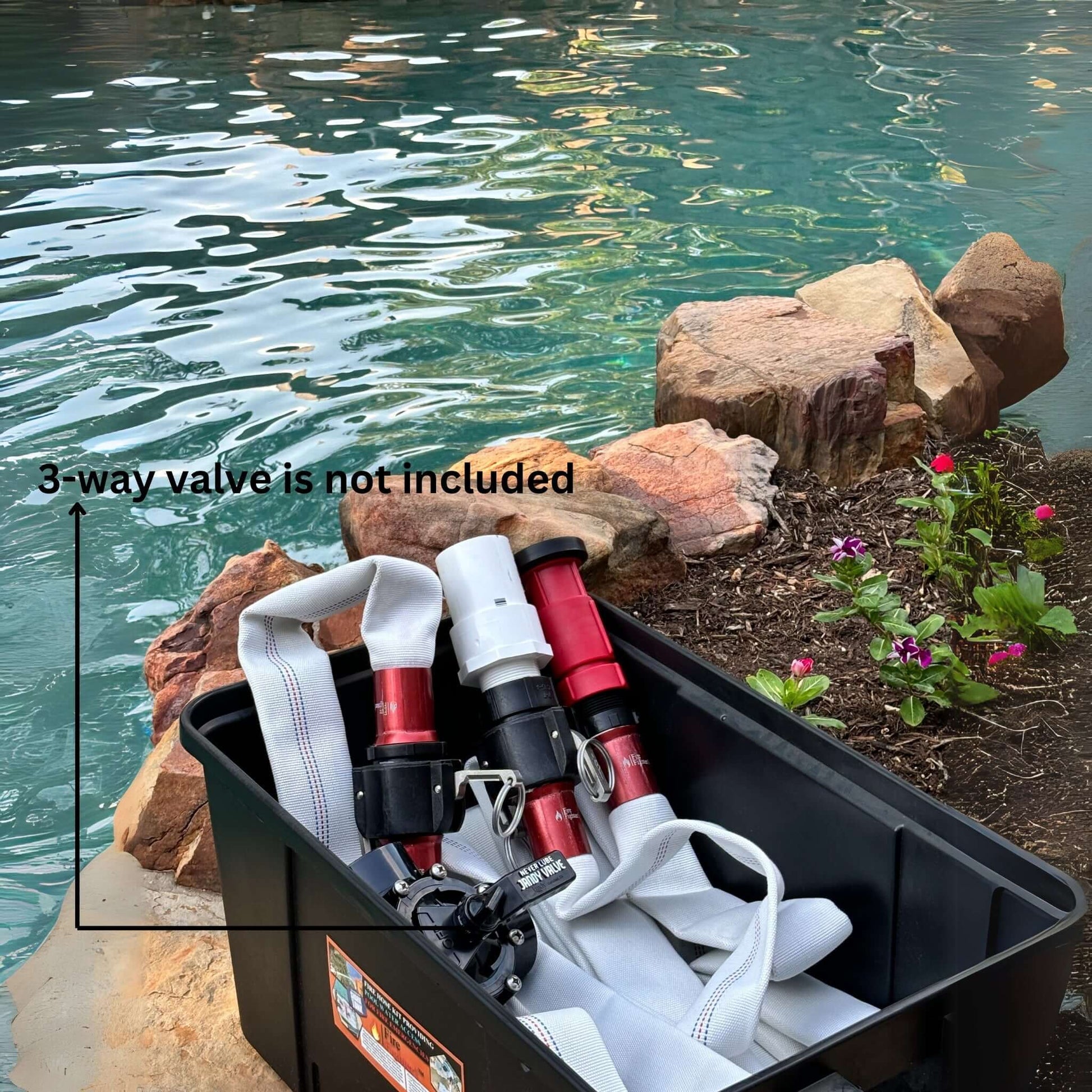 FireFighter1 fire hose and accessories in a container by the pool, 3-way valve not included, Wholesale Pool Mart WPM.