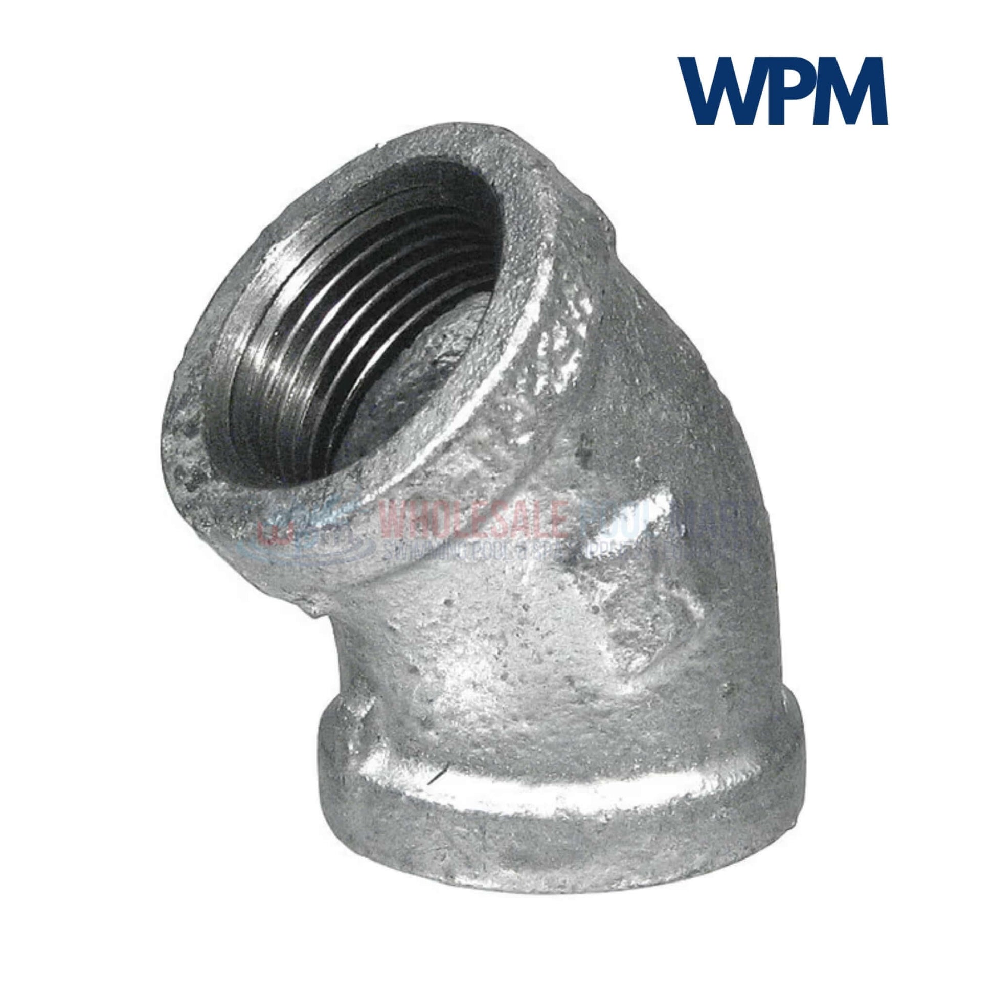 Galvanized 45 degree elbow fitting, 3/4 inch, durable, corrosion-resistant, Wholesale Pool Mart WPM.