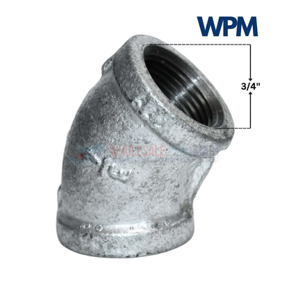 Galvanized 45 Degree Elbow Fitting 3/4 inch by Wholesale Pool Mart WPM for gas water piping systems.