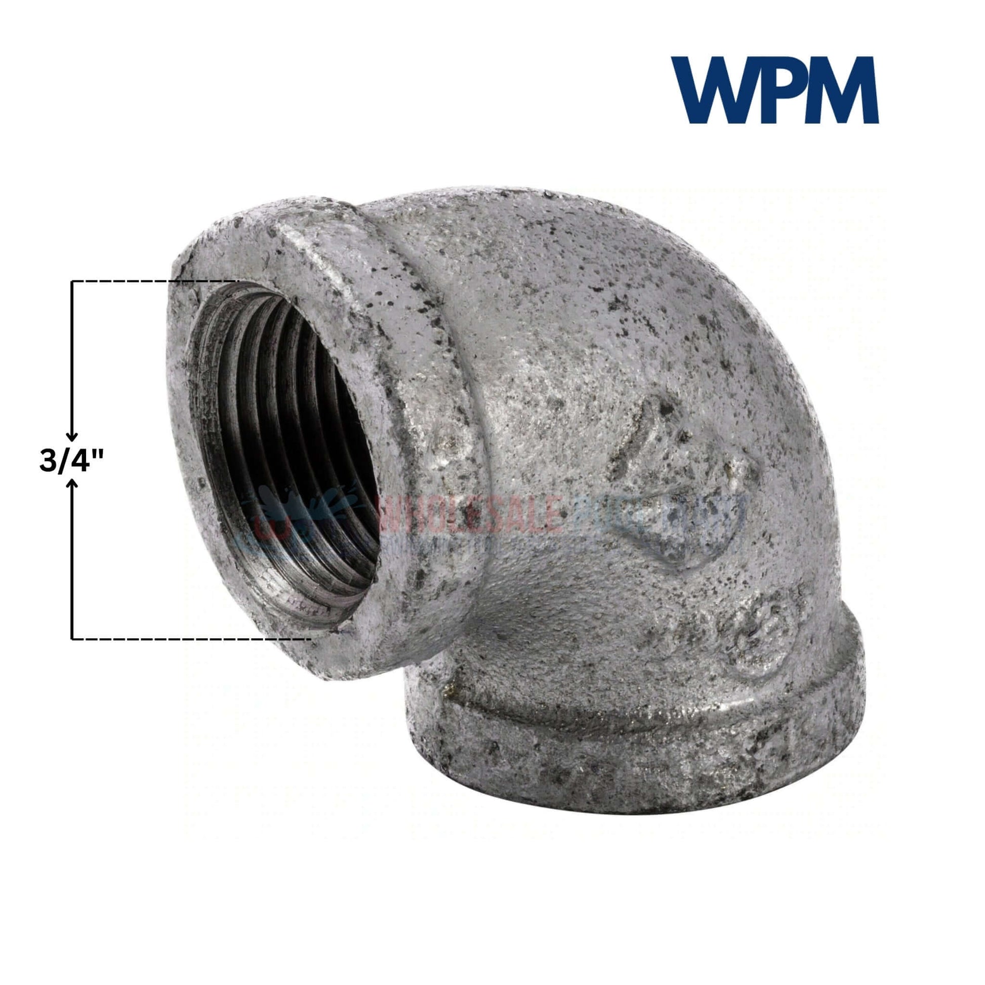 Galvanized 90 Degree Elbow Fitting, 3/4" diameter from Wholesale Pool Mart WPM, ideal for piping connections.