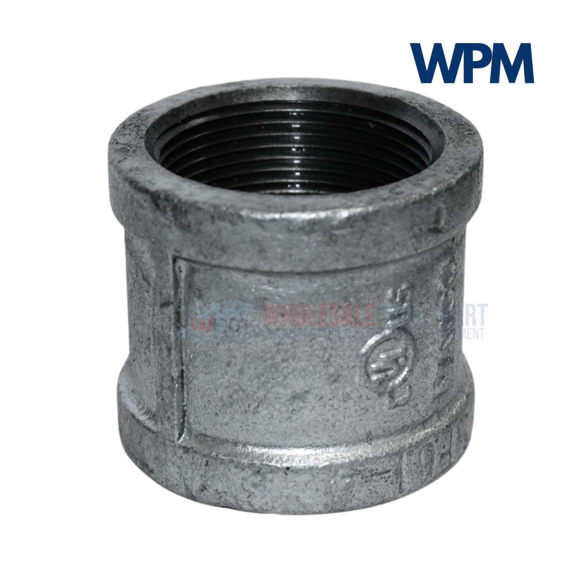 Galvanized Coupling Fitting 1.5" from Wholesale Pool Mart WPM for plumbing and gas systems.