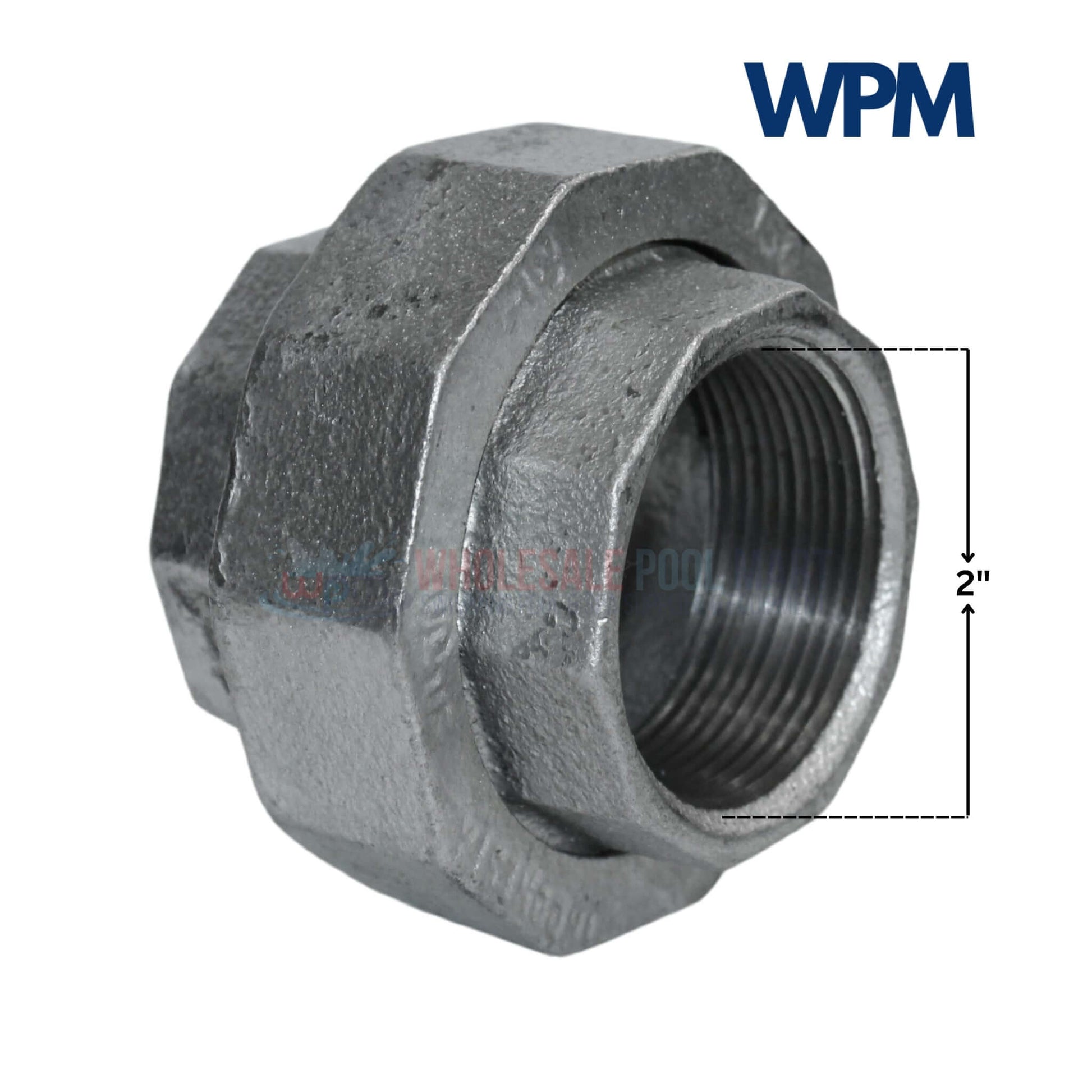 Galvanized Malleable Union 2 inch fitting by Wholesale Pool Mart WPM, durable for plumbing and gas systems.