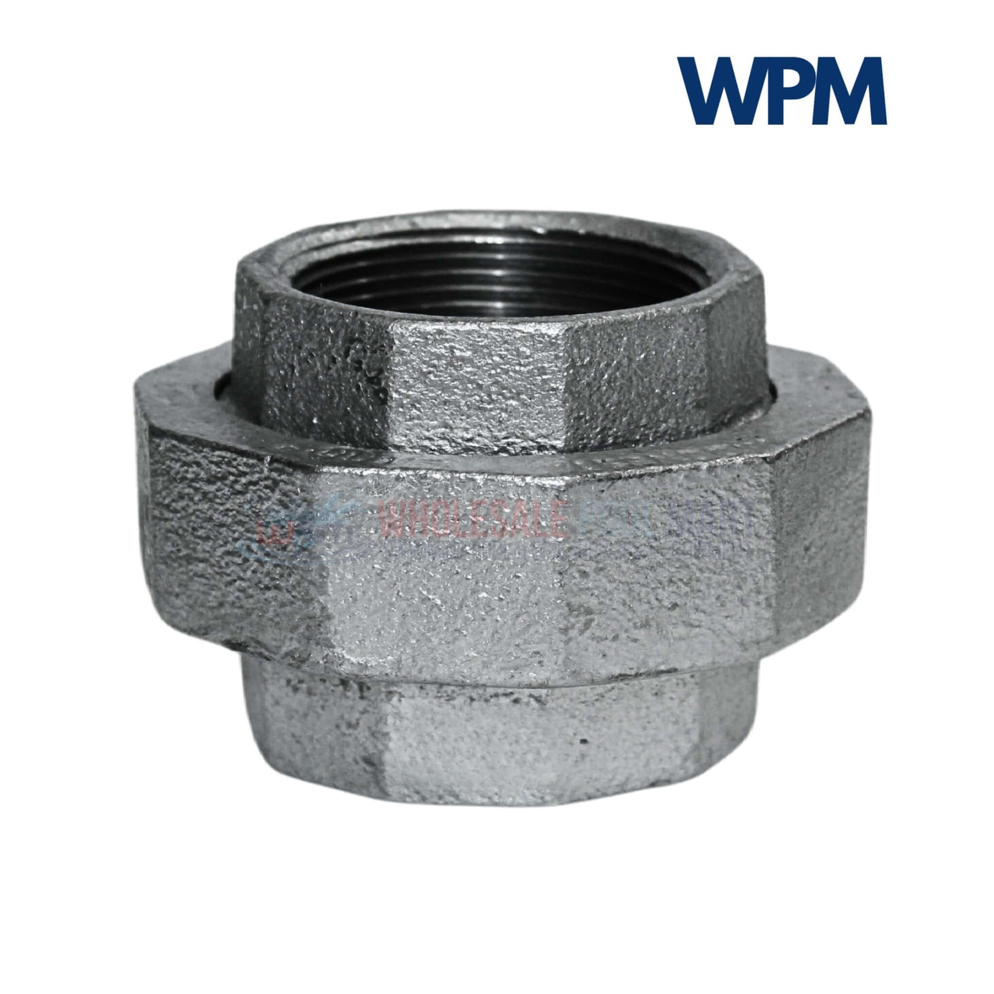 Galvanized Malleable Union 2 inch fitting from Wholesale Pool Mart WPM, ideal for plumbing and gas systems.