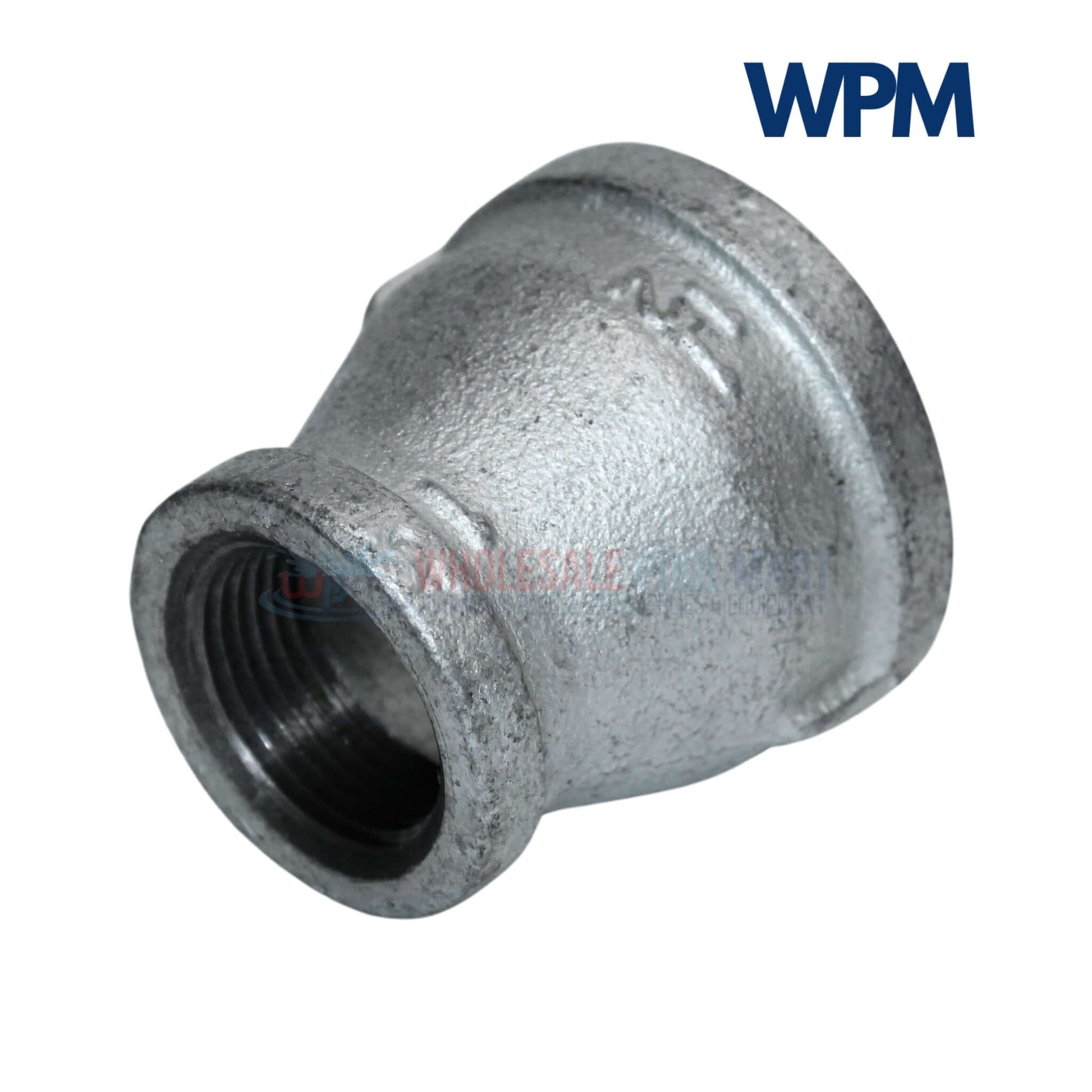 Galvanized Reducer Bushing by Wholesale Pool Mart WPM, bell-type coupling, 1-1/2" x 1", corrosion-resistant steel.