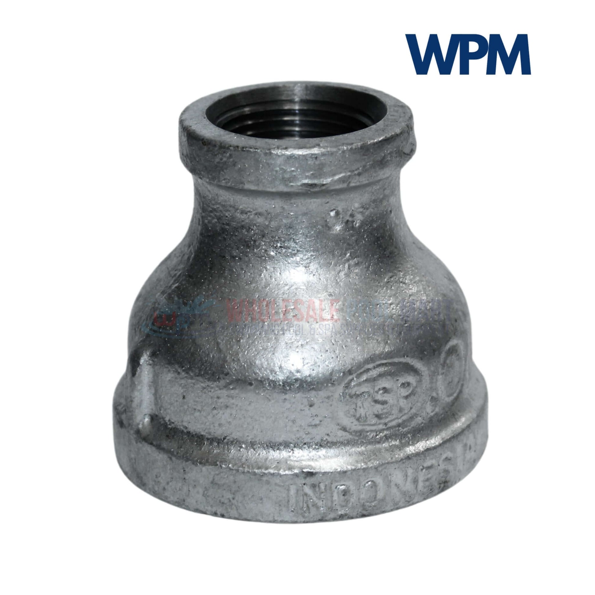 Galvanized reducer bushing by Wholesale Pool Mart, WPM, bell-type coupling 1-1/2" x 3/4", corrosion-resistant.