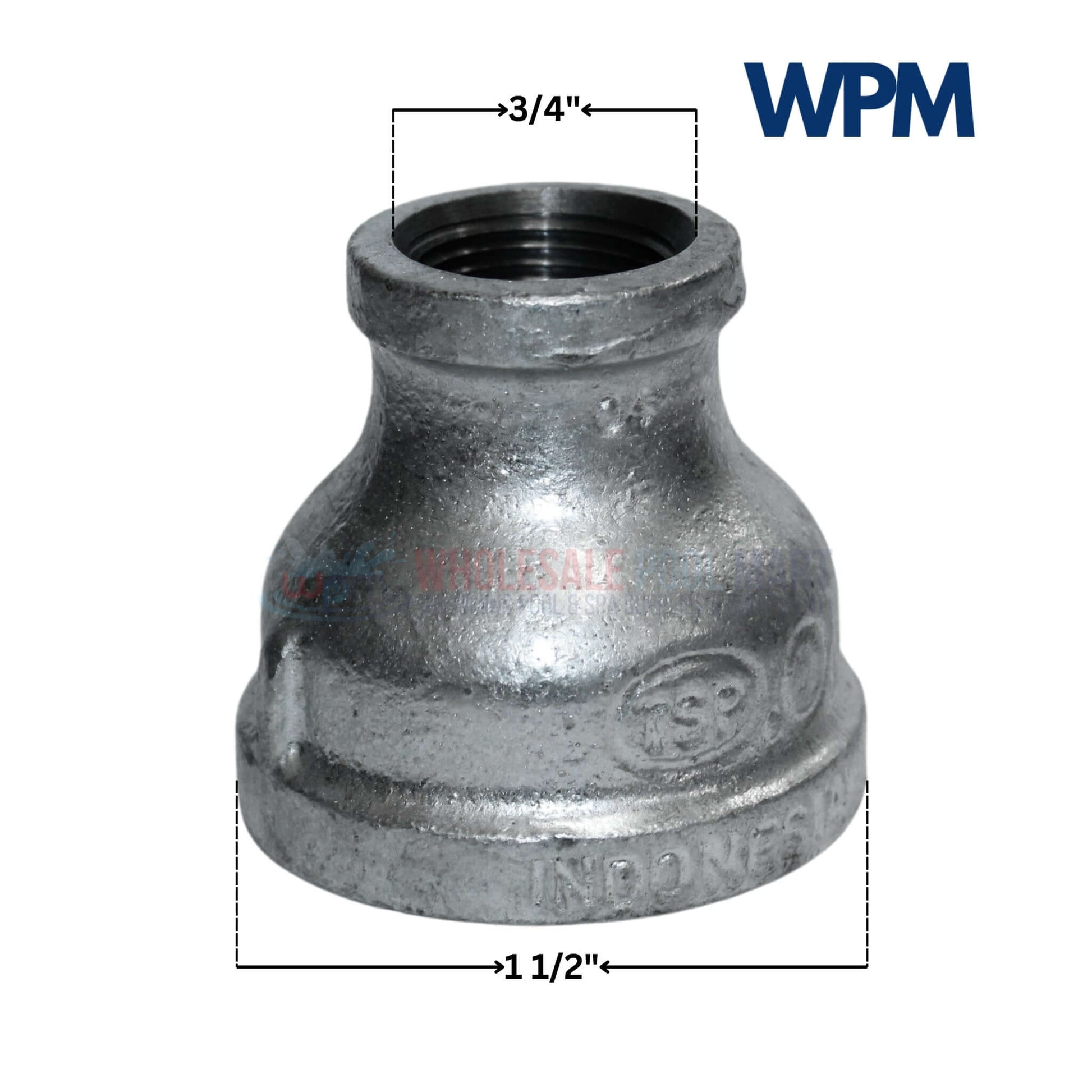 Galvanized Reducer Bushing by WPM, bell-type reducing coupling 1-1/2" x 3/4", durable and corrosion-resistant.