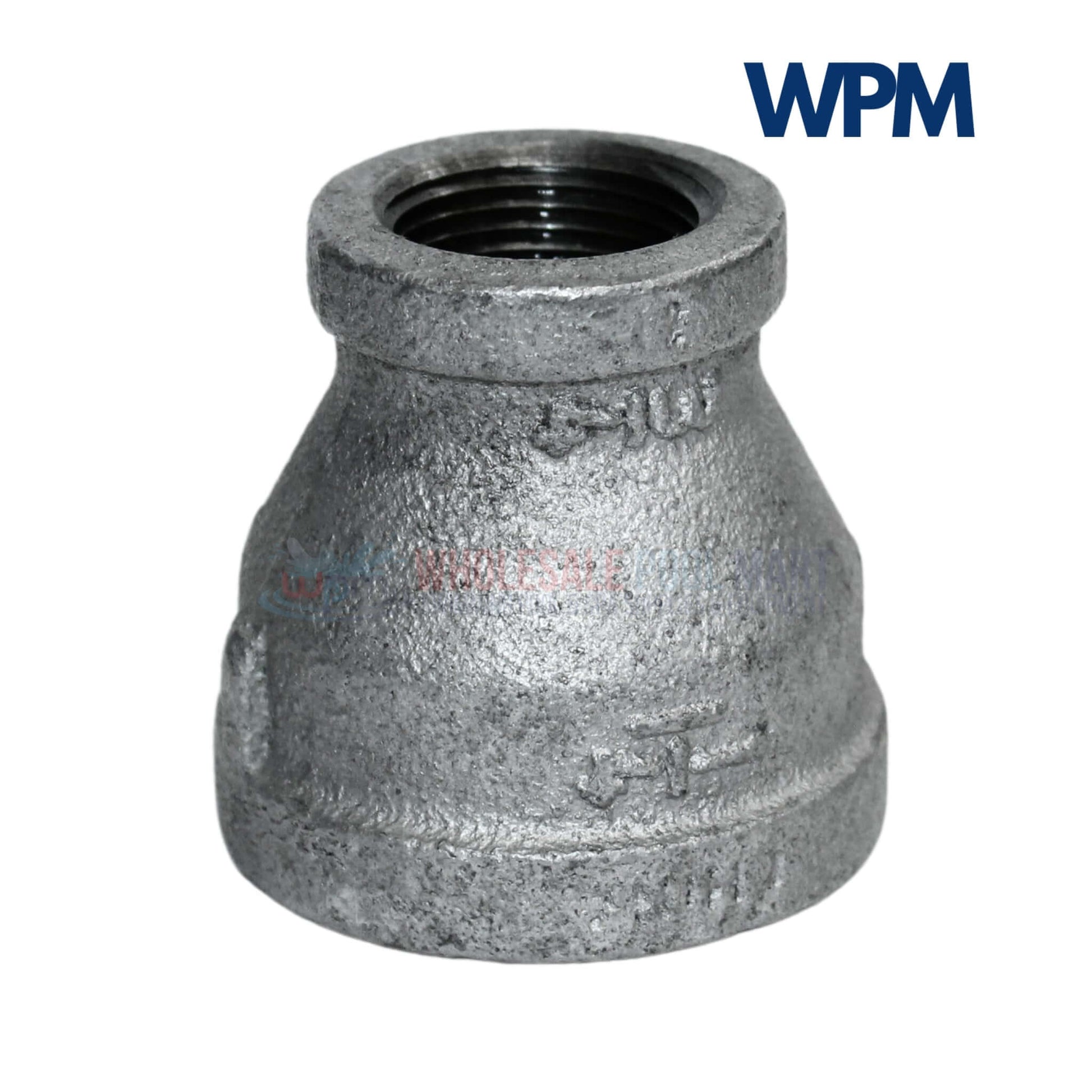 Galvanized Reducer Bushing bell type from Wholesale Pool Mart WPM 1-1/4" to 3/4" threaded coupling suitable for fluid systems.