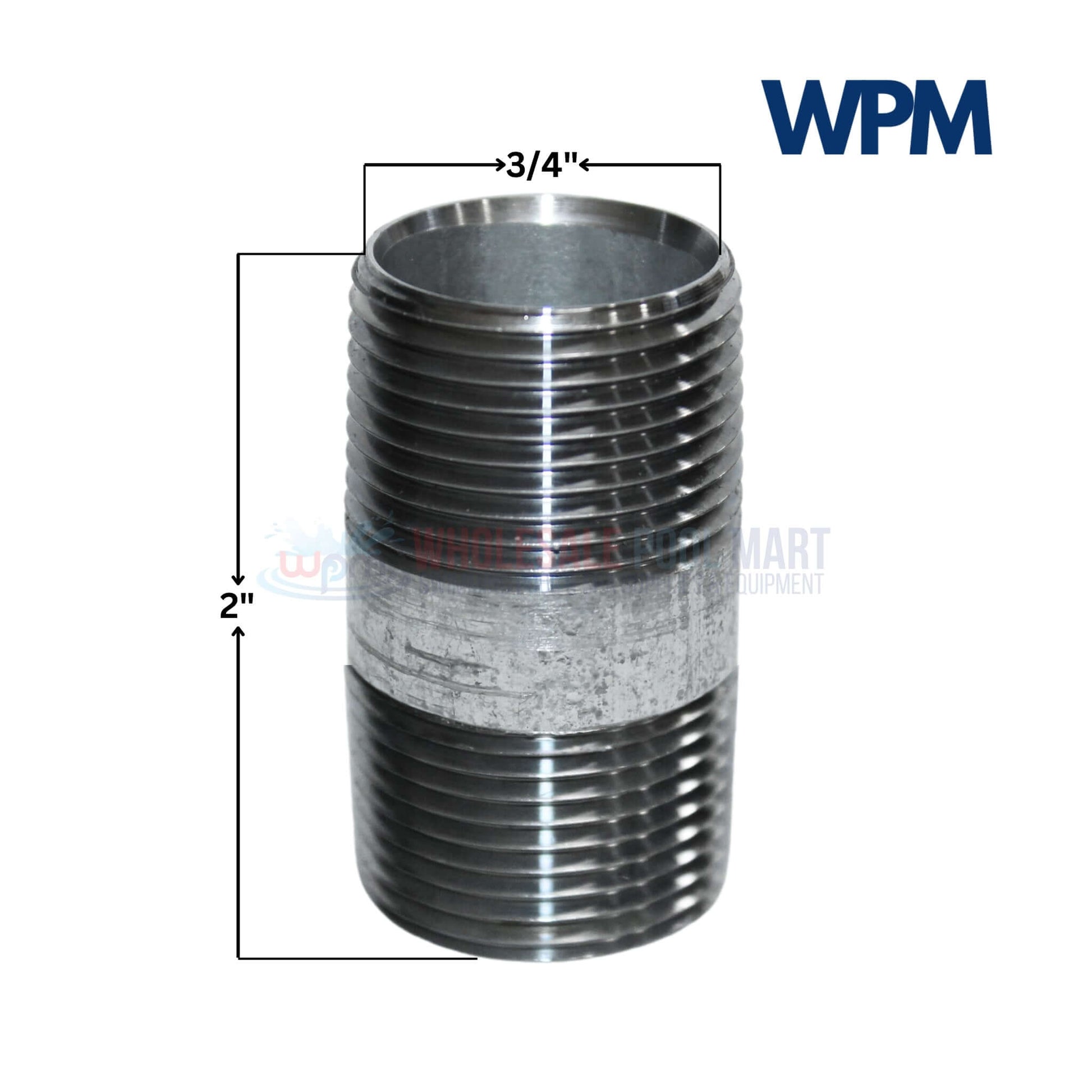 Galvanized Steel Nipple 3/4" x 2" by Wholesale Pool Mart WPM, corrosion-resistant piping for secure connections.