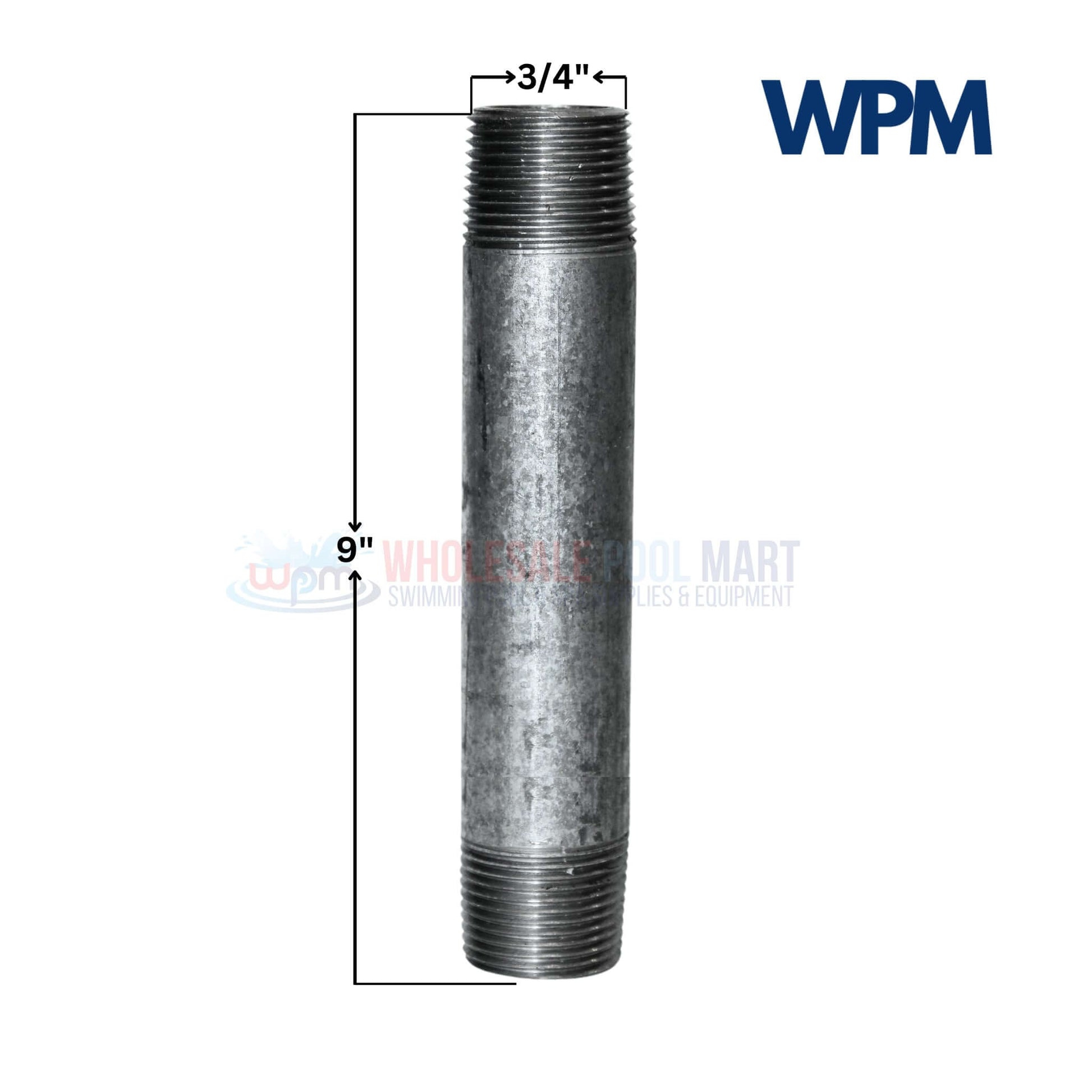 Galvanized Steel Nipple 3/4" x 9" from Wholesale Pool Mart WPM, durable and corrosion-resistant for plumbing.