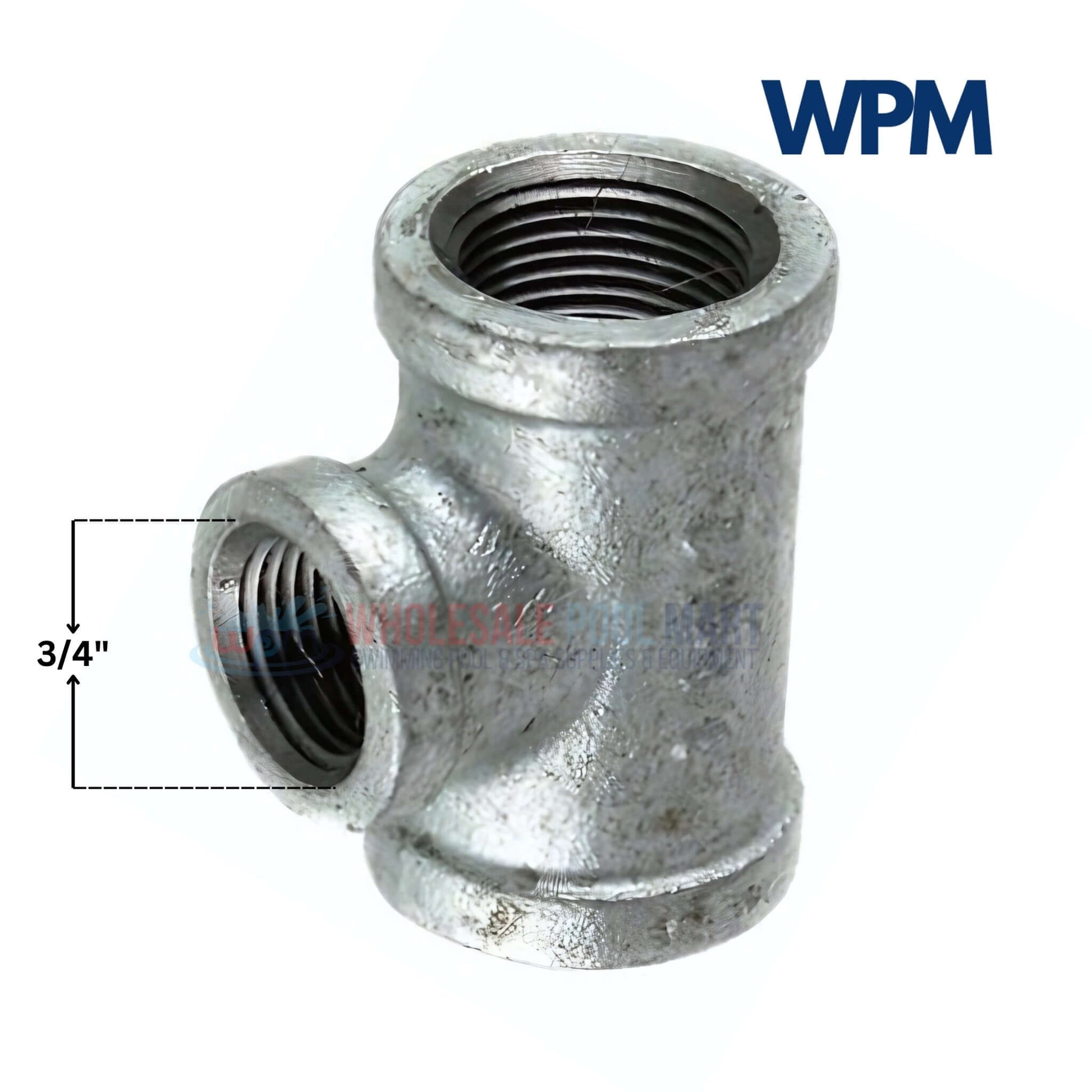 Galvanized Tee Gas Fitting 3/4 inch by Wholesale Pool Mart WPM, ideal for gas line connections and branching.
