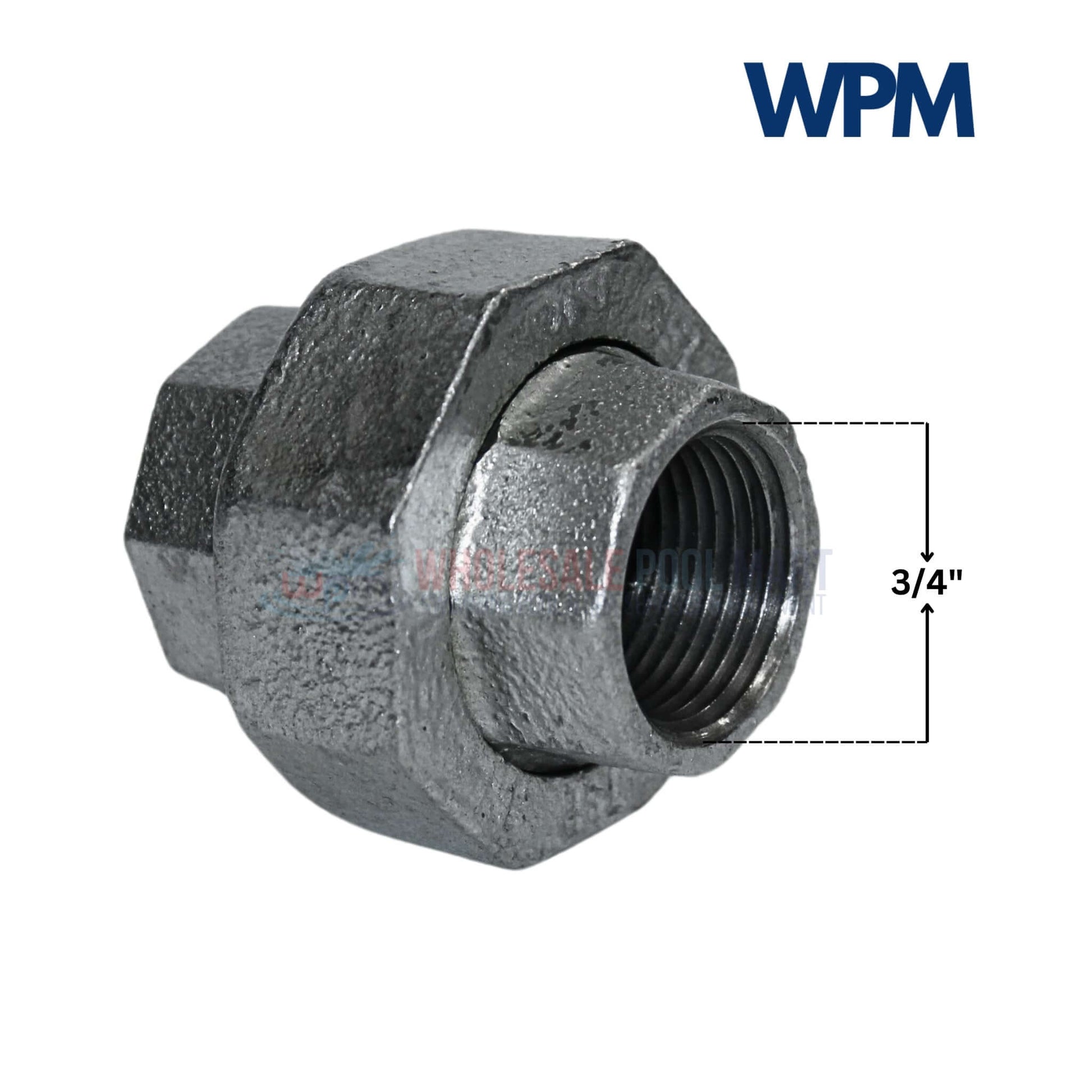 Galvanized Malleable Union 3/4" by Wholesale Pool Mart WPM, durable fitting for plumbing and gas systems.
