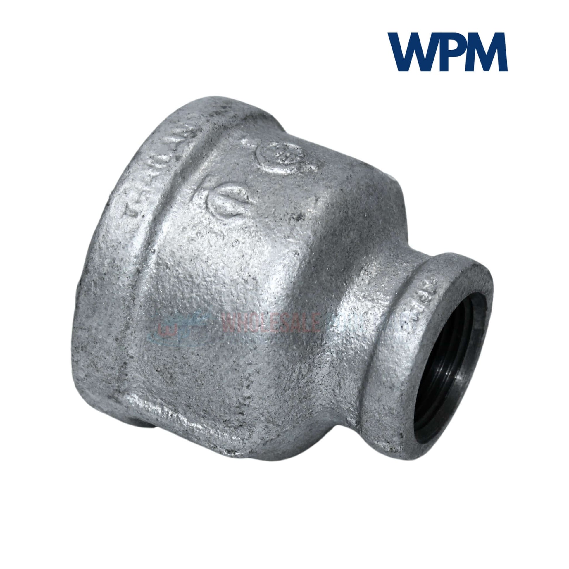 Galvanized reducer bushing, bell-type coupling 2" x 1", Wholesale Pool Mart WPM, durable and corrosion-resistant.