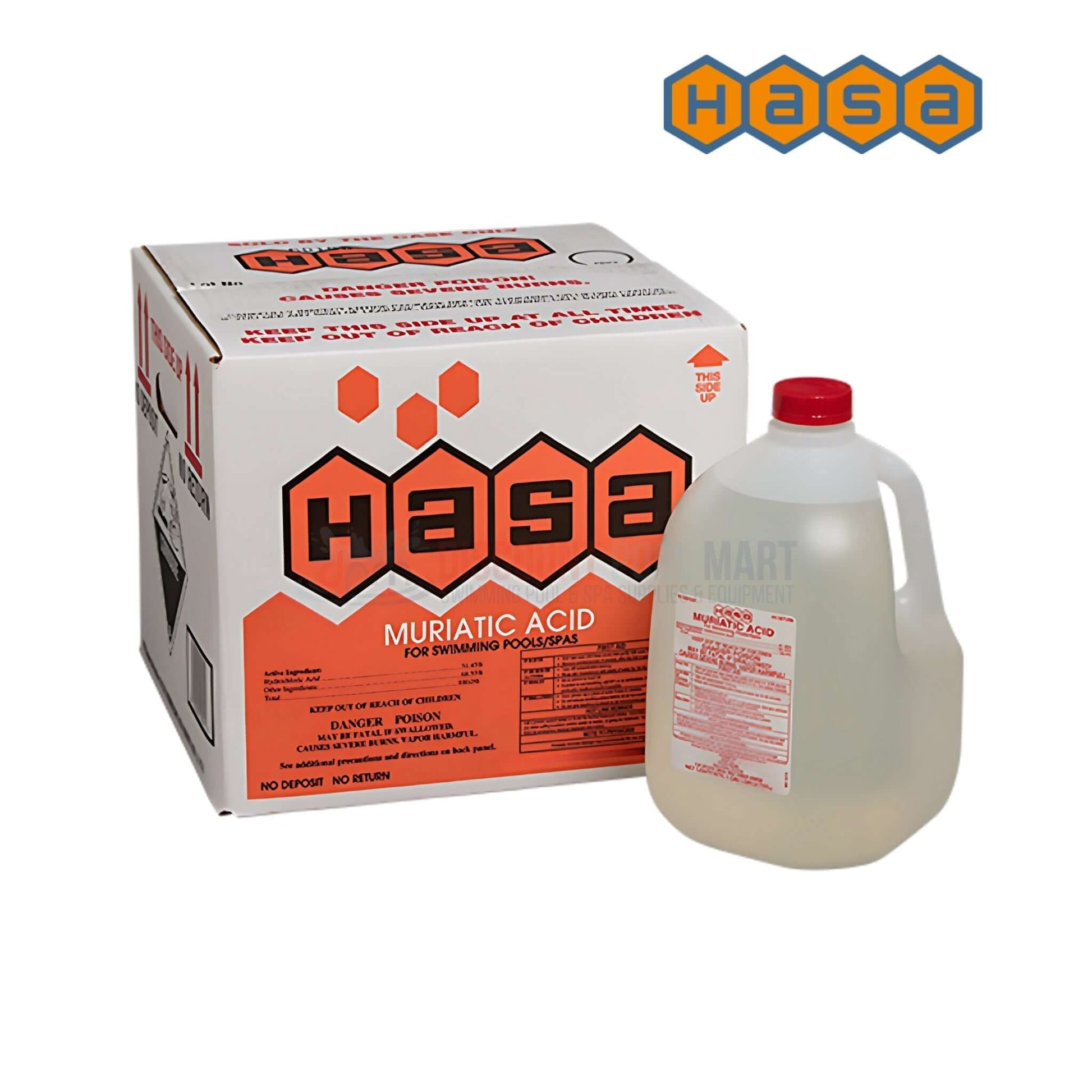 HASA Muriatic Acid 31.45% for pools, spas, and hot tubs, Wholesale Pool Mart WPM, effective pH balance solution.