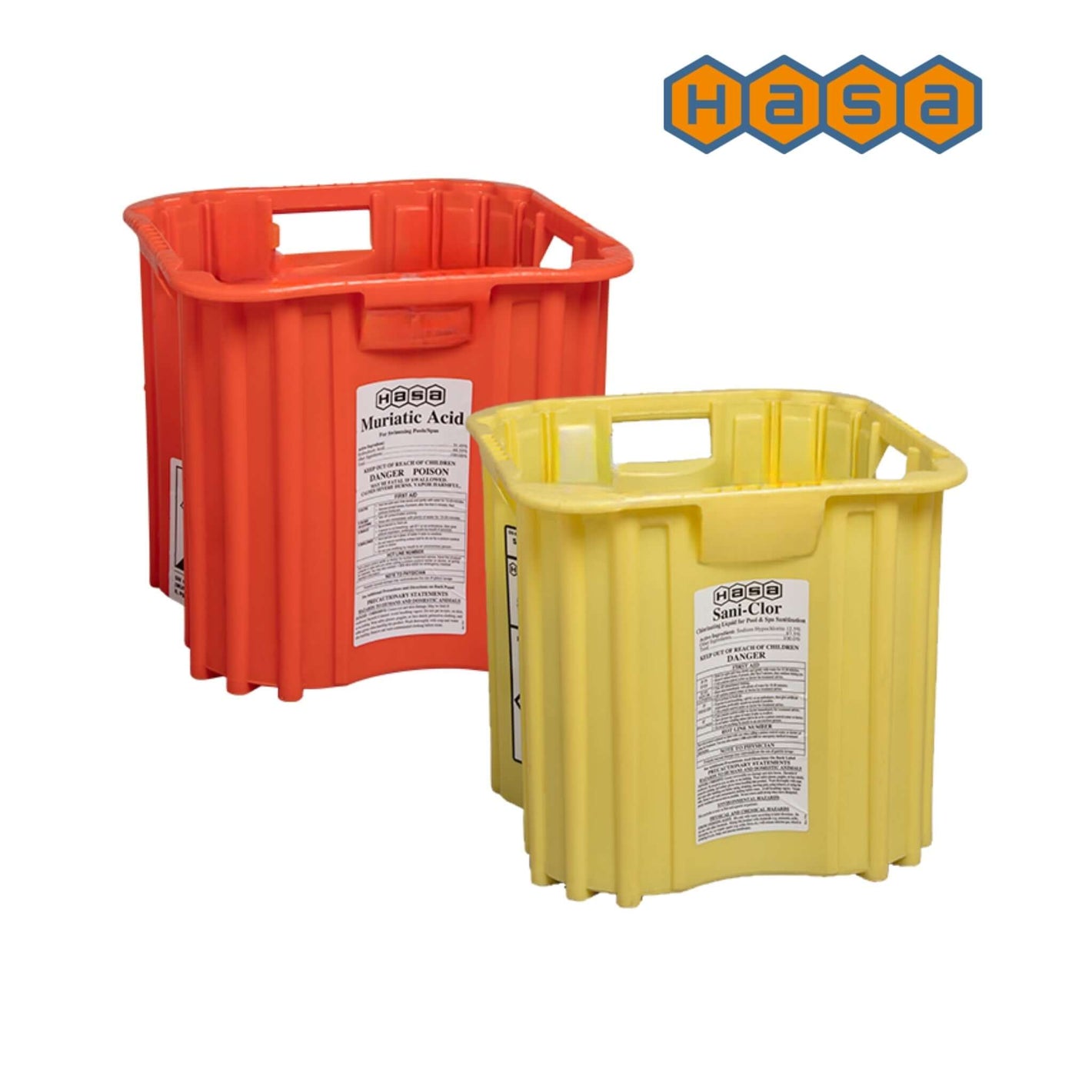 HASA's sturdy red muriatic acid and yellow Sani-Chlor cases for safe chemical transport - SKU: HASA-Case-WPM