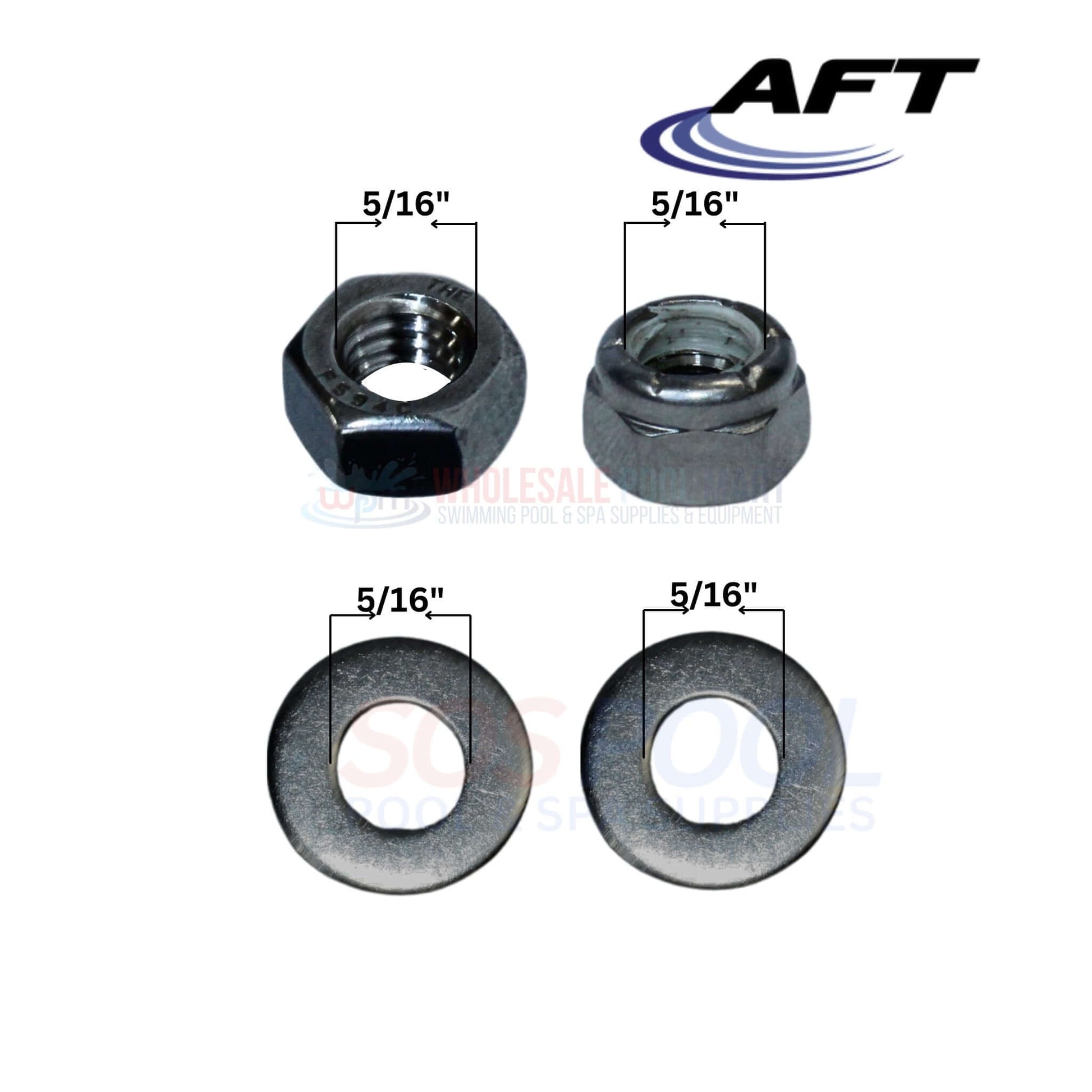 AFT hardware set with nuts and washers, 5/16 inch size, from Wholesale Pool Mart (WPM) for pool maintenance.