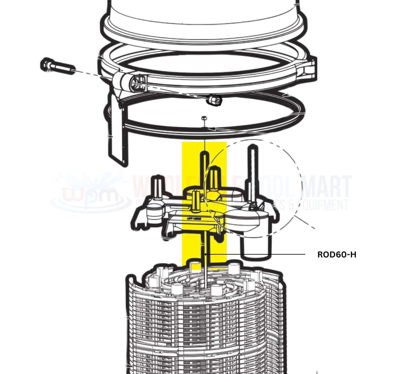 Hayward ProGrid Filter Rod Assembly diagram with ROD60-H highlighting secure connection in pool filtration system from Wholesale Pool Mart WPM.
