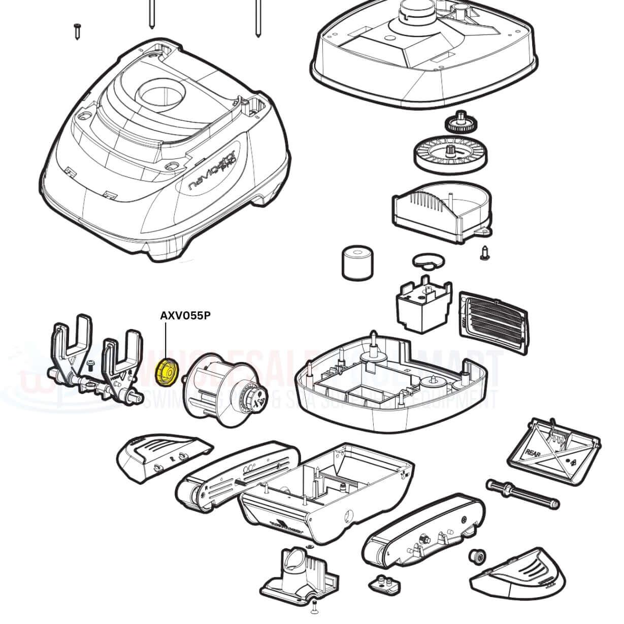 Exploded view of Hayward Navigator Pool Vac Cleaners parts, including OEM AXV055P turbine bearings from Wholesale Pool Mart WPM.