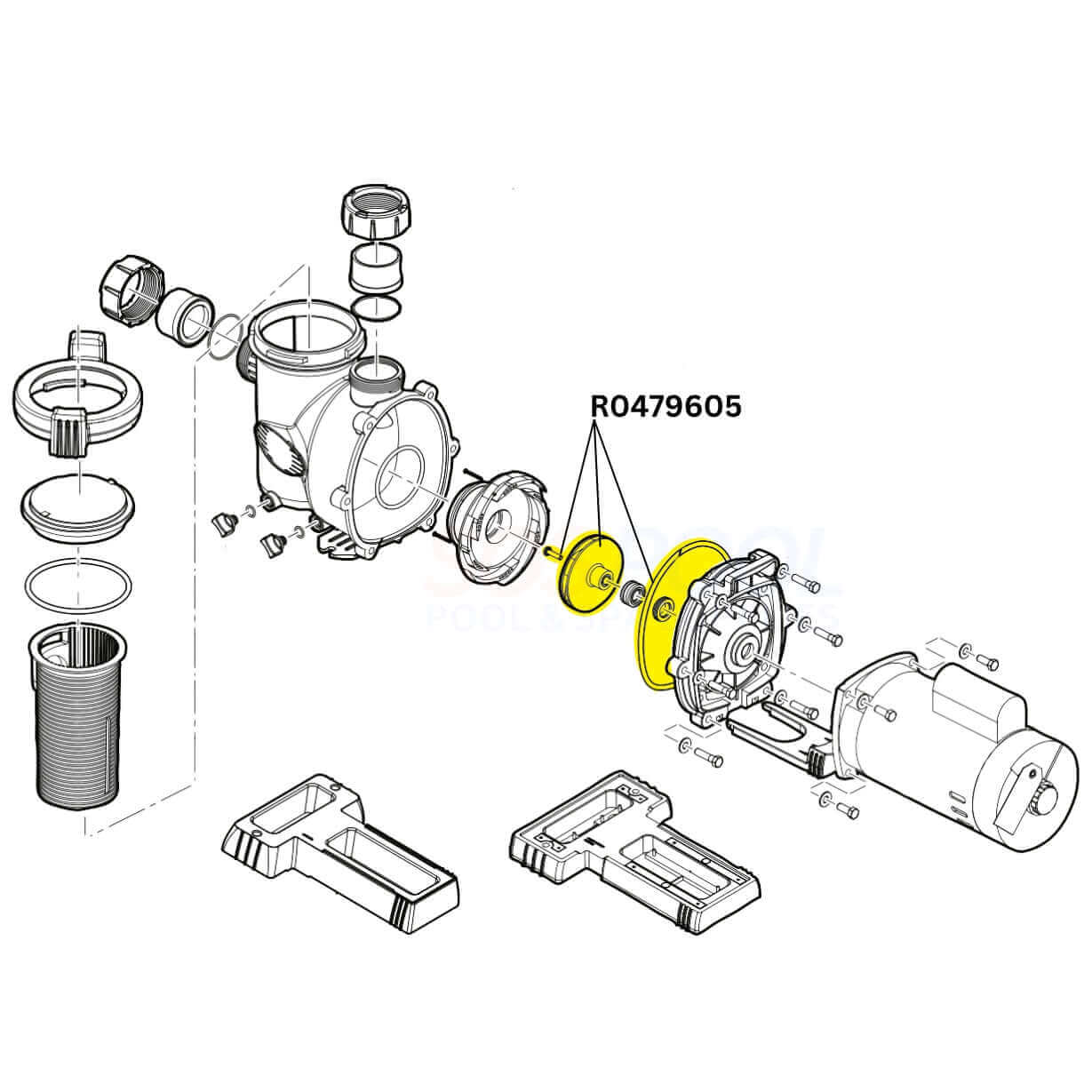 Diagram of Jandy Impeller and Screw Kit R0479605 components for FloPro Pumps at Wholesale Pool Mart WPM.