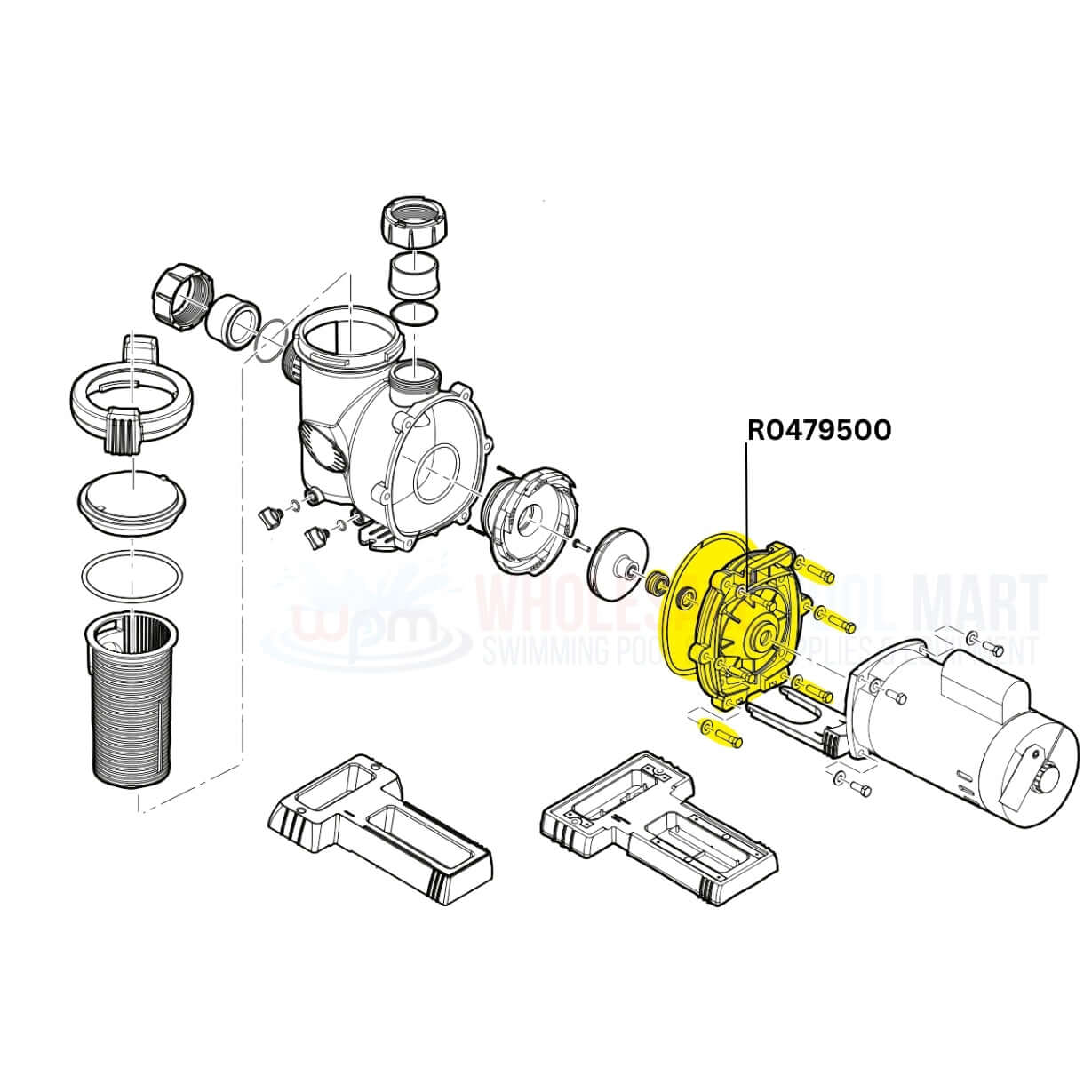Jandy Backplate Kit R0479500 exploded diagram, components include seals, O-ring, bolts, Wholesale Pool Mart WPM.