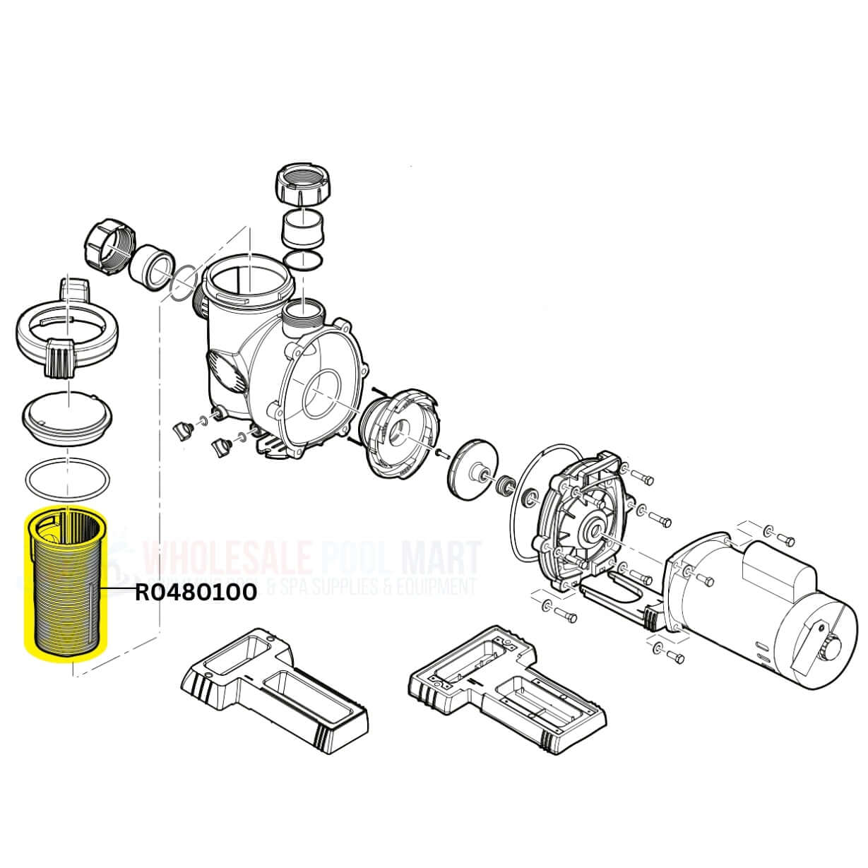 Exploded diagram of Jandy Basket R0480100 for FloPro pumps by Wholesale Pool Mart WPM for pool management.