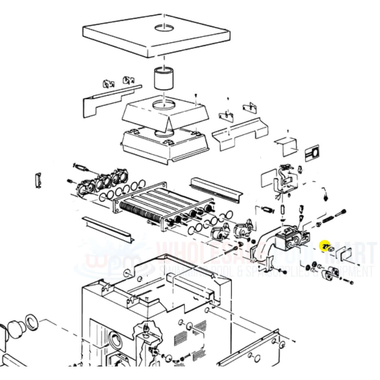Exploded view diagram of Jandy heater parts, including the Hi-Limit Switch R0022700 from Wholesale Pool Mart WPM.