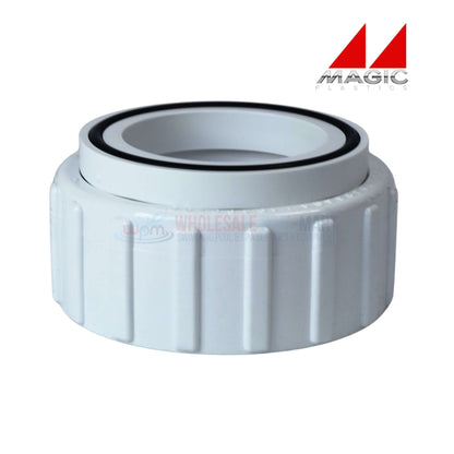Magic Plastics 0602-15 Pump Union showing white 1.5" FBT x slip design for pool plumbing, features durable UV-resistant materials.