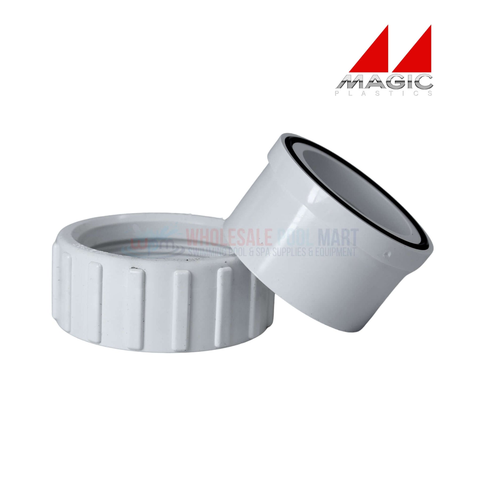 Magic Plastics 0602-15 Pump Union 1.5" FBT x Slip, white, for pool plumbing, durable, chemical-resistant. From Wholesale Pool Mart.