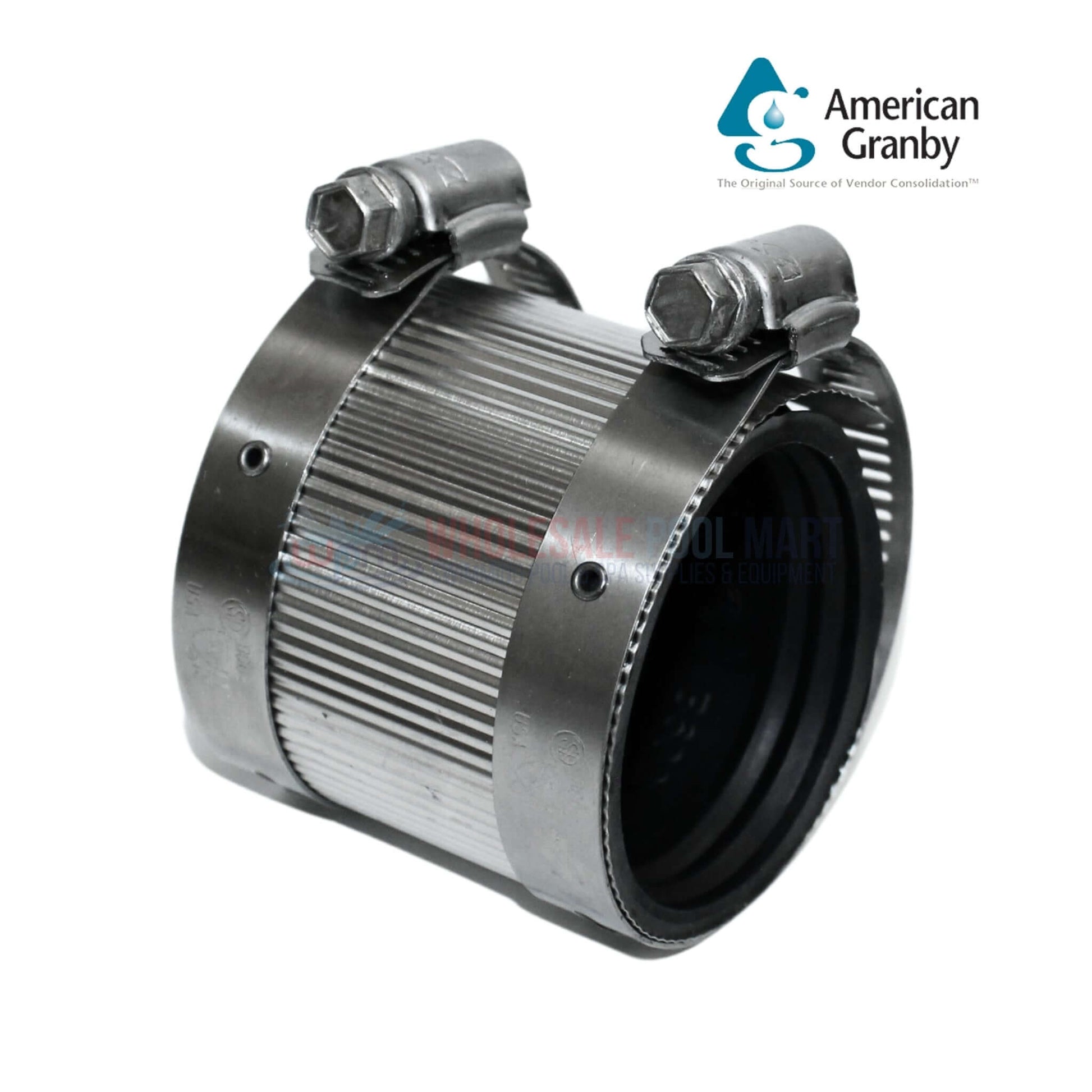 Mission Clamp No Hub Coupling 1.5" x 1.5" by Wholesale Pool Mart WPM, stainless steel, leak-proof connection.