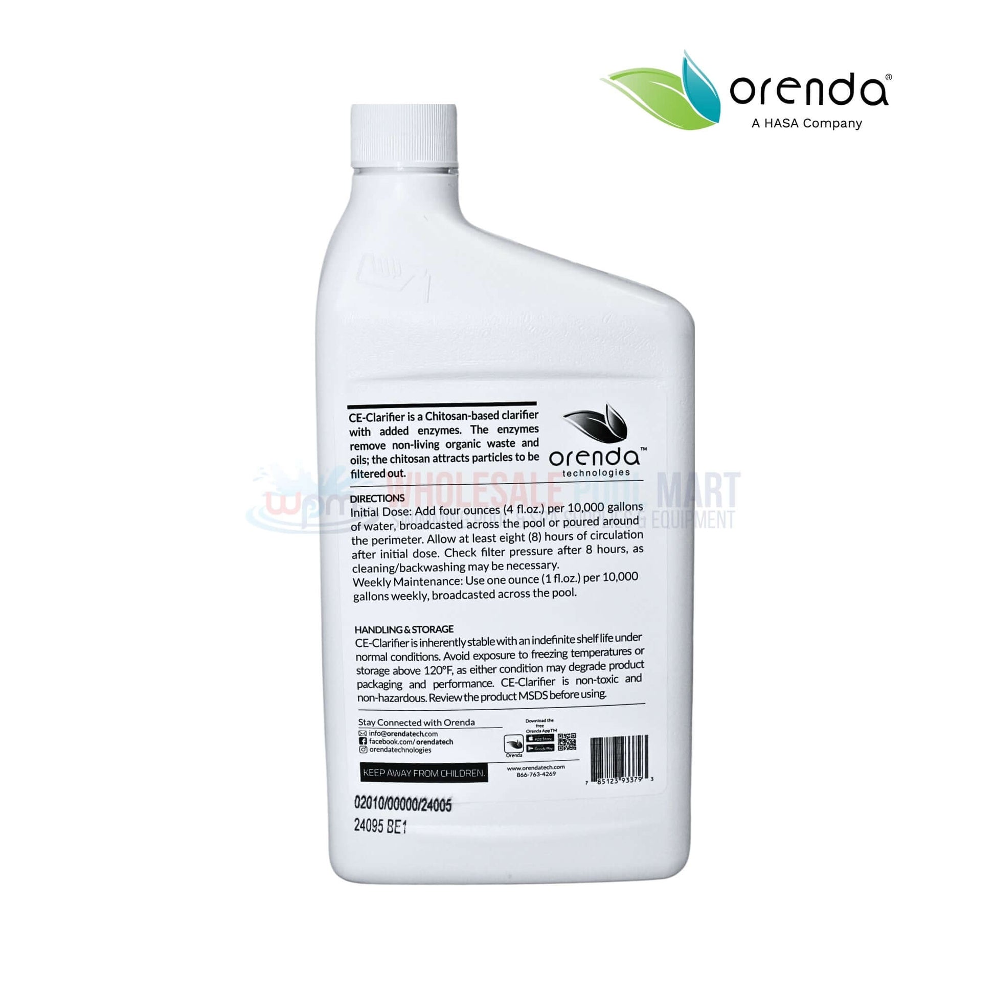 Orenda CE Clarifier Chitosan Enzyme ORE-50-140 32 oz bottle back view Wholesale Pool Mart WPM
