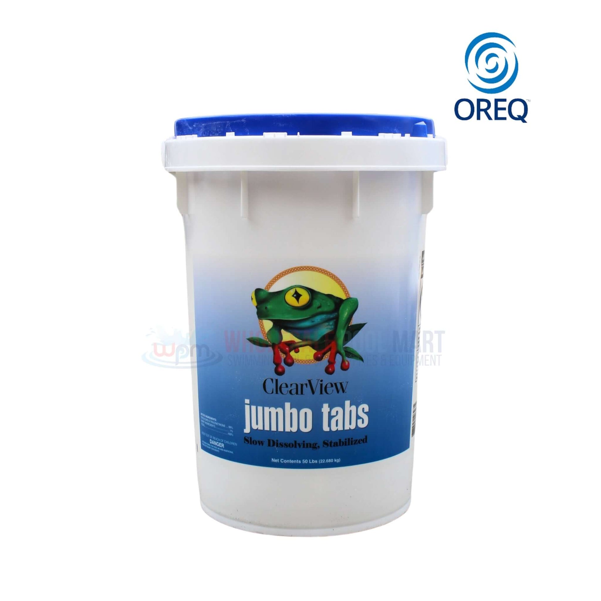 Oreq ClearView jumbo tabs in a 50 lbs container for clean pool water, available at Wholesale Pool Mart WPM.