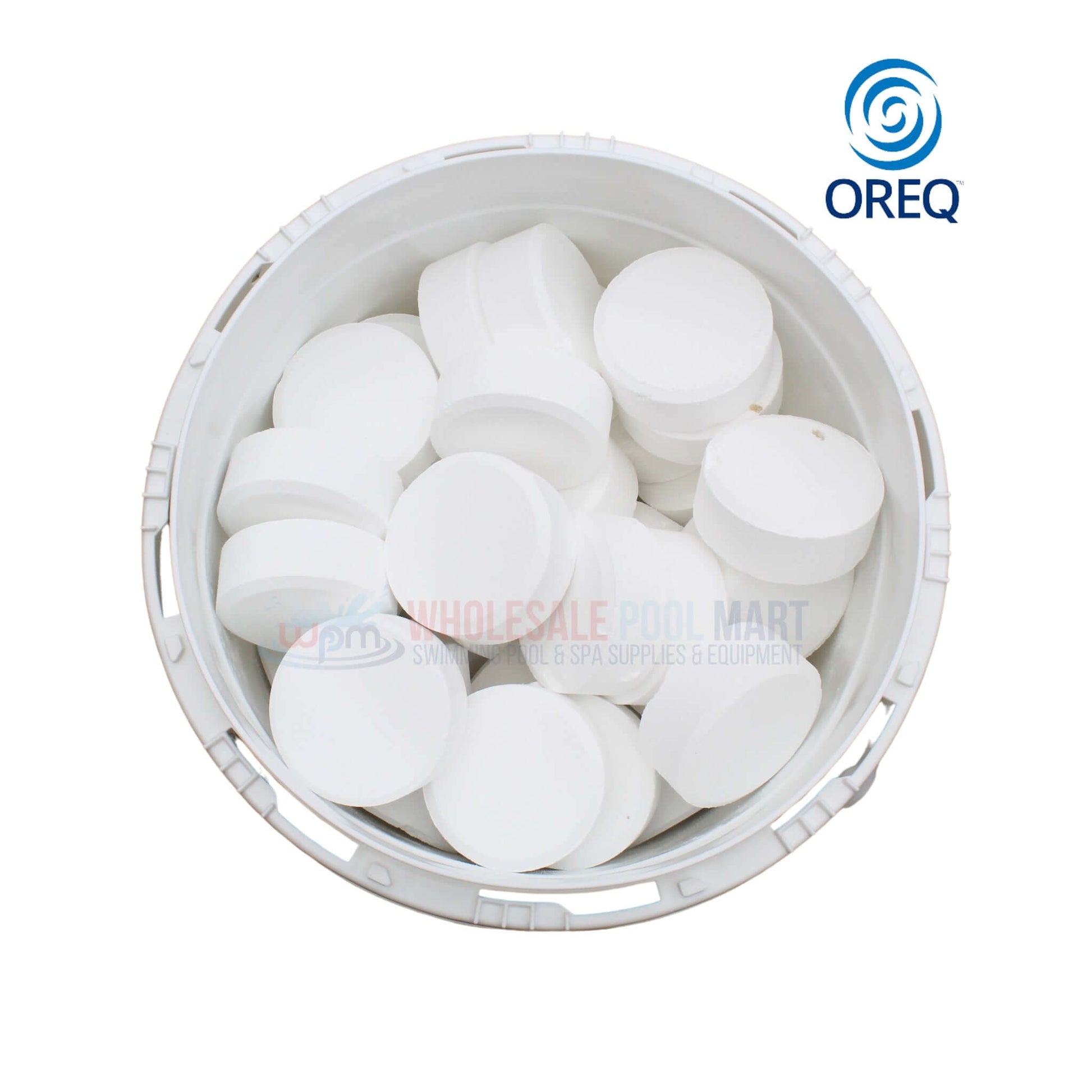 Oreq ClearView 3" Chlorine Tablets in a bucket, 50 lbs of 99% TriChlor from Wholesale Pool Mart WPM.