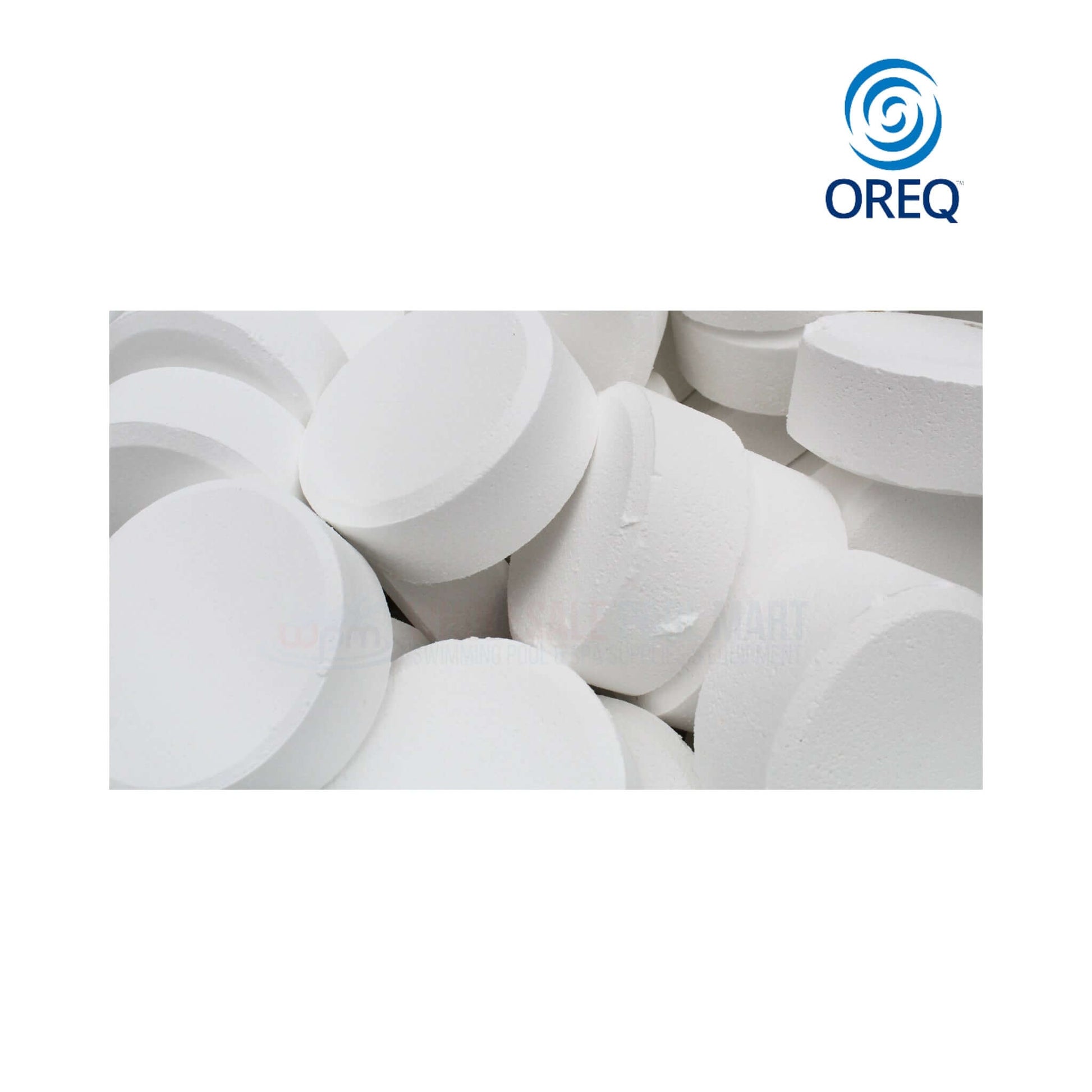 Oreq ClearView 3" Chlorine Tablets for pool maintenance by Wholesale Pool Mart WPM, 50 lbs, 99% TriChlor, SKU CVTL050U.